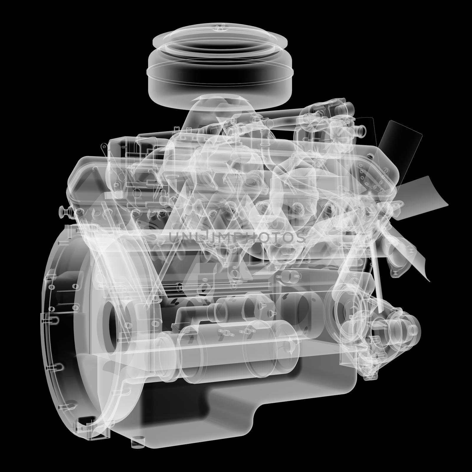 Internal combustion engine X-Ray style. Isolated on black background. 3D illustration