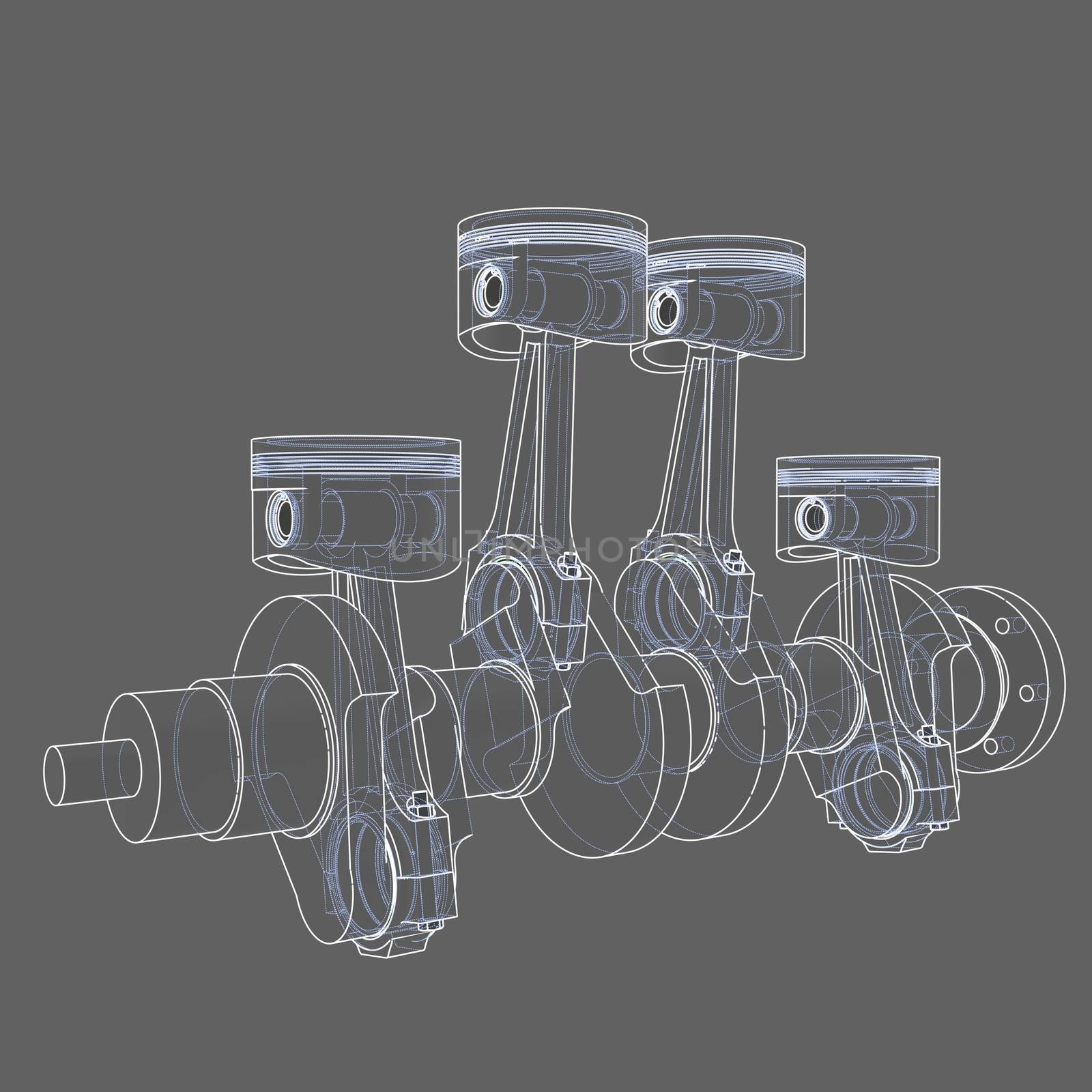 Engine pistons outline. 3D illustration. White lines and grey background