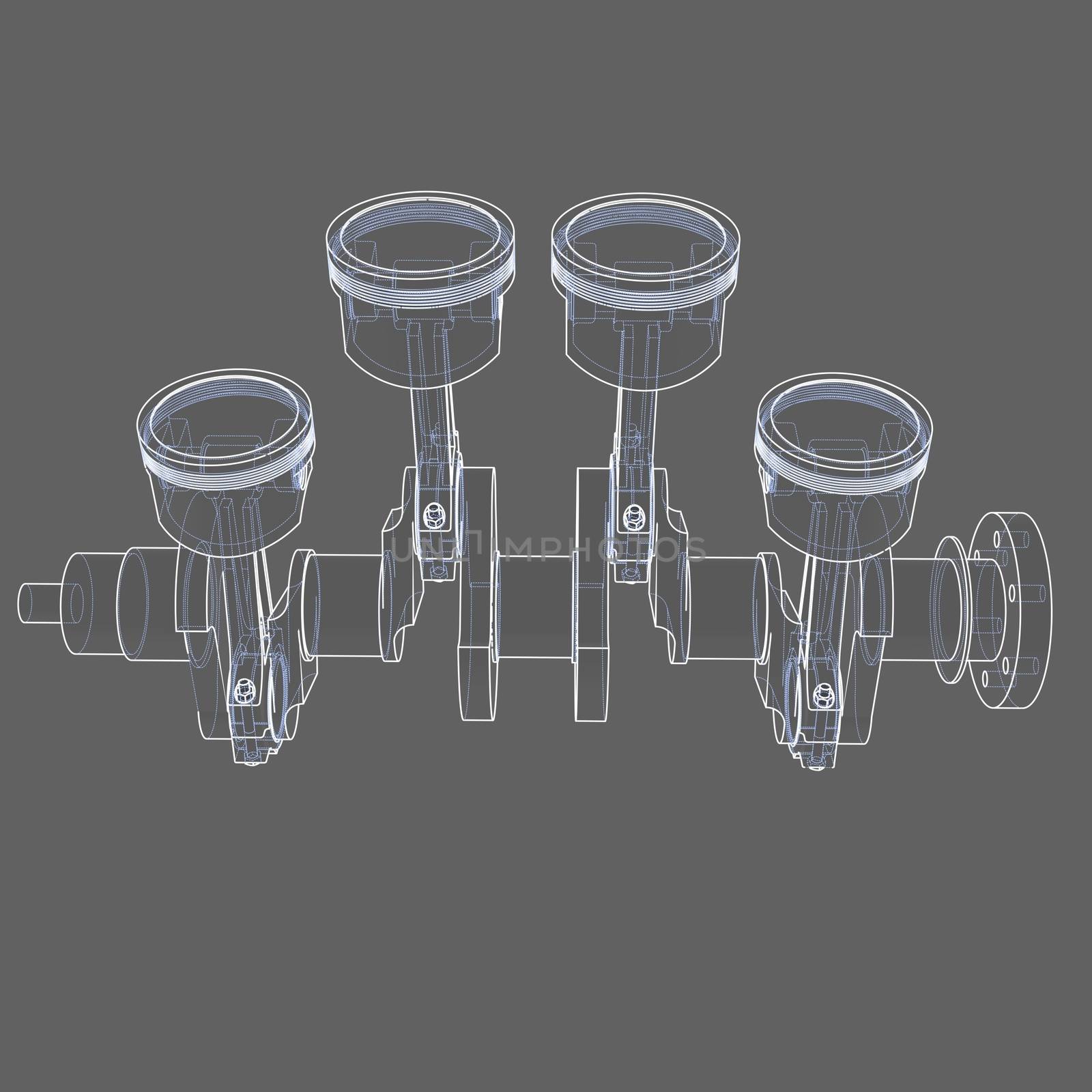 Engine pistons outline. 3D illustration. White lines and grey background