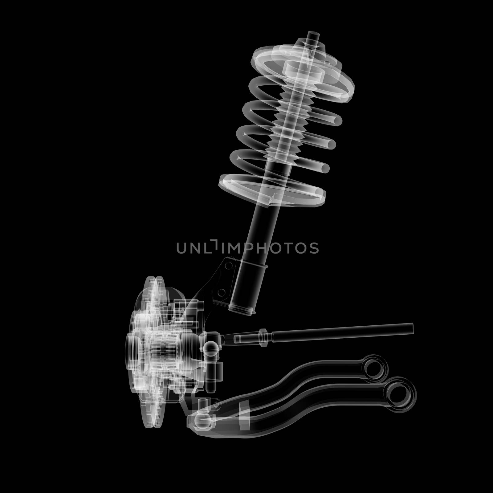 X-ray Car suspension and brake disk on black background, 3d illustration