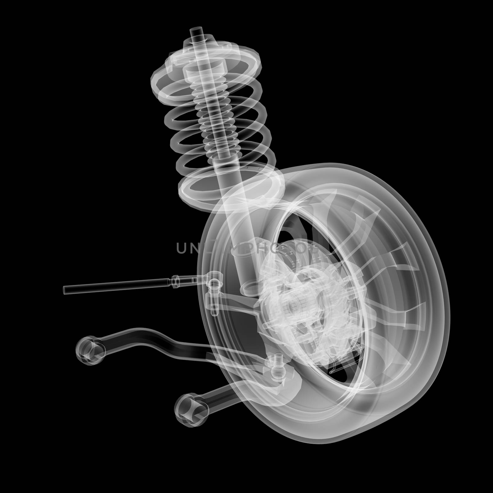 X-ray Car suspension and brake disk on black background, 3d illustration