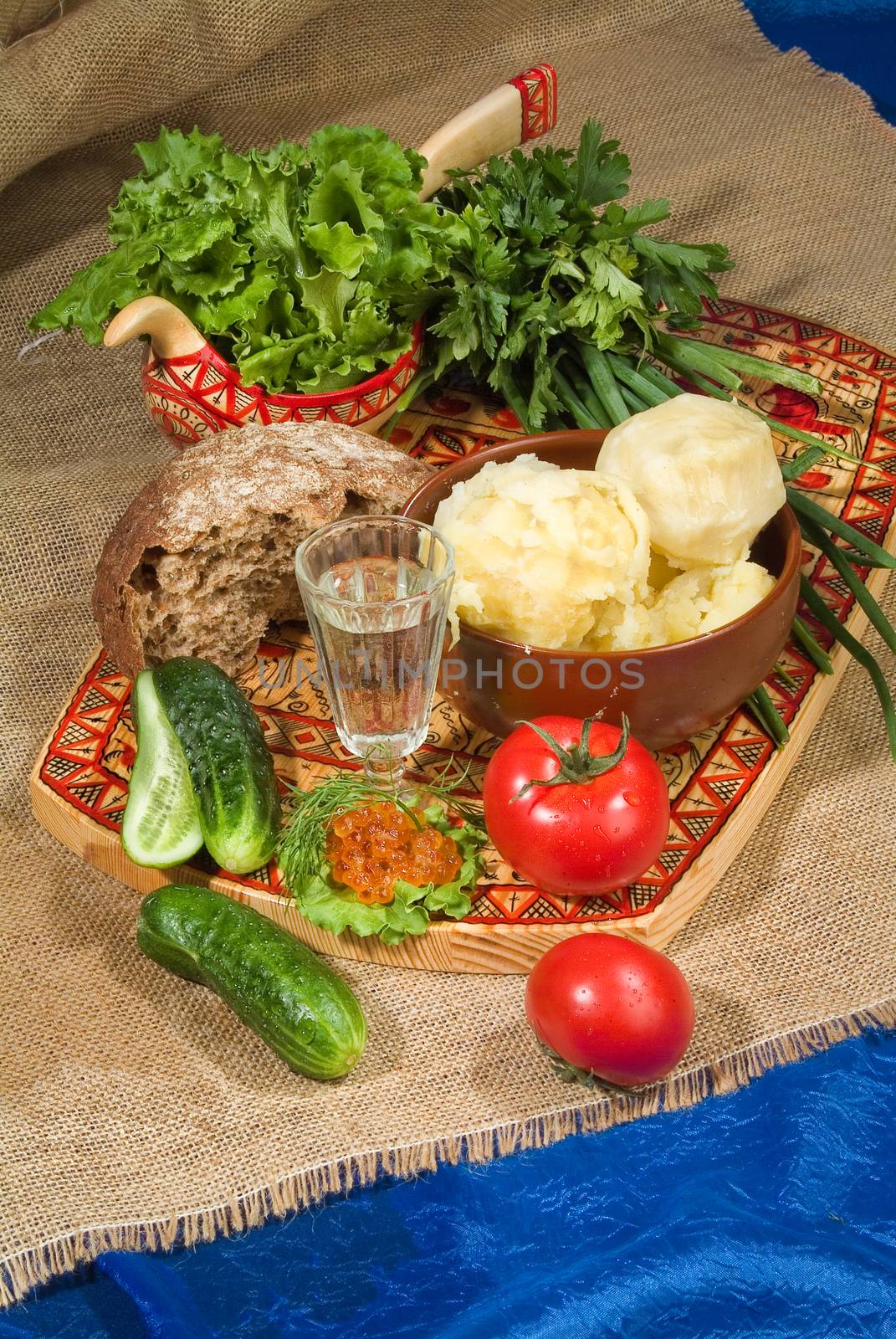 Still life in Russian national style on canvas background