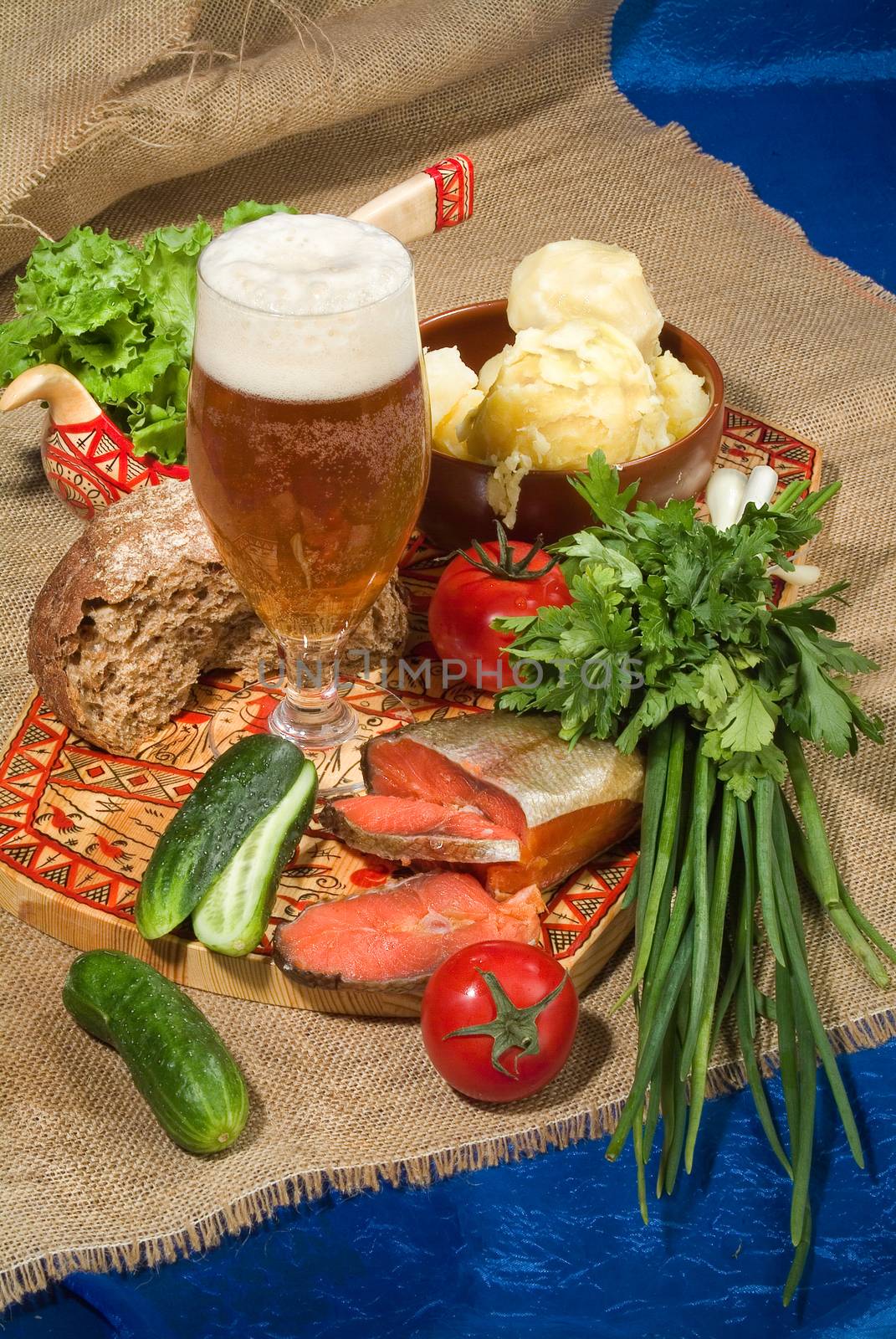 Still life in Russian national style on canvas background