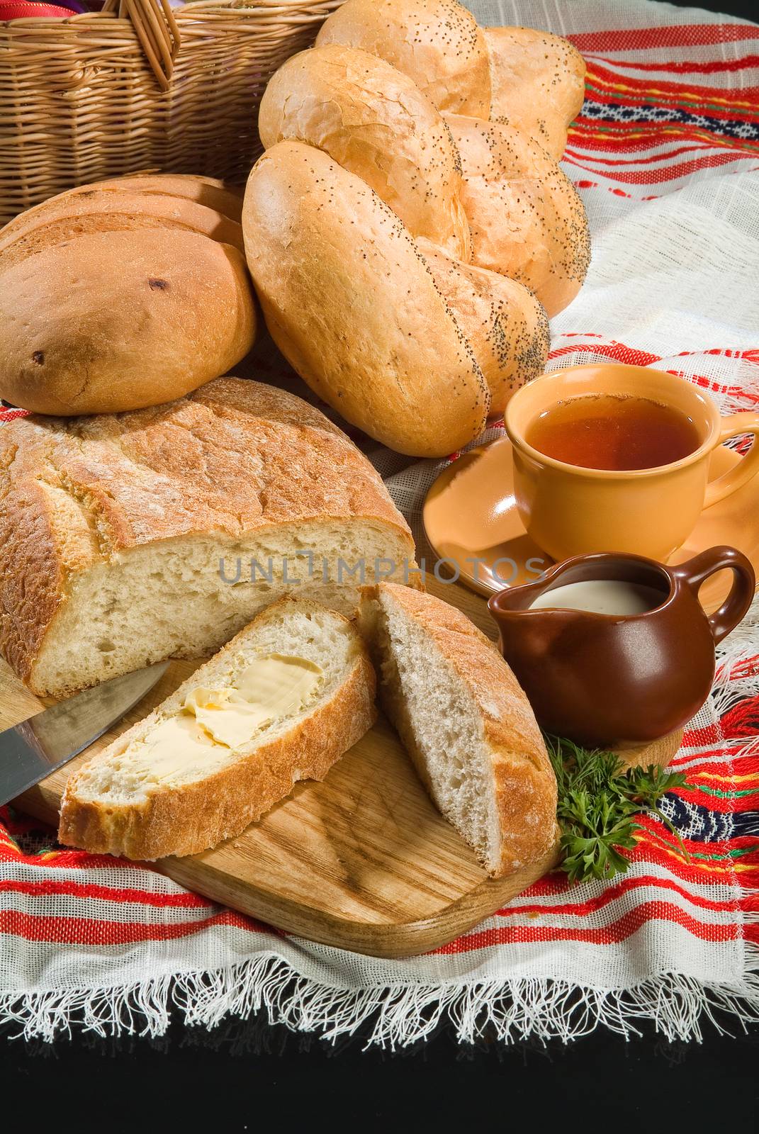 Different kinds of bread on a studio background
