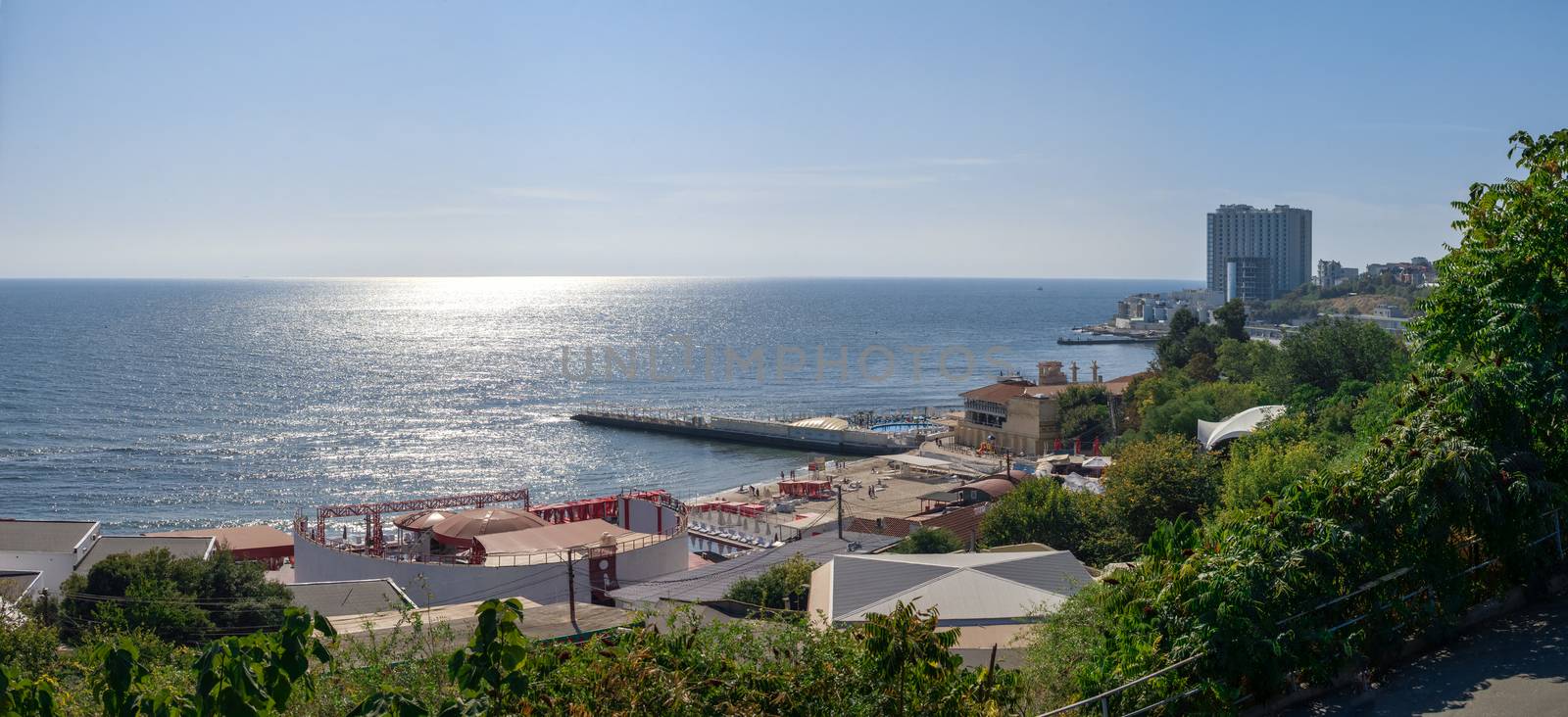 Odessa, Ukraine - 09.23.2019. Panoramic top view of the beach of the coast of Odessa on a sunny autumn day