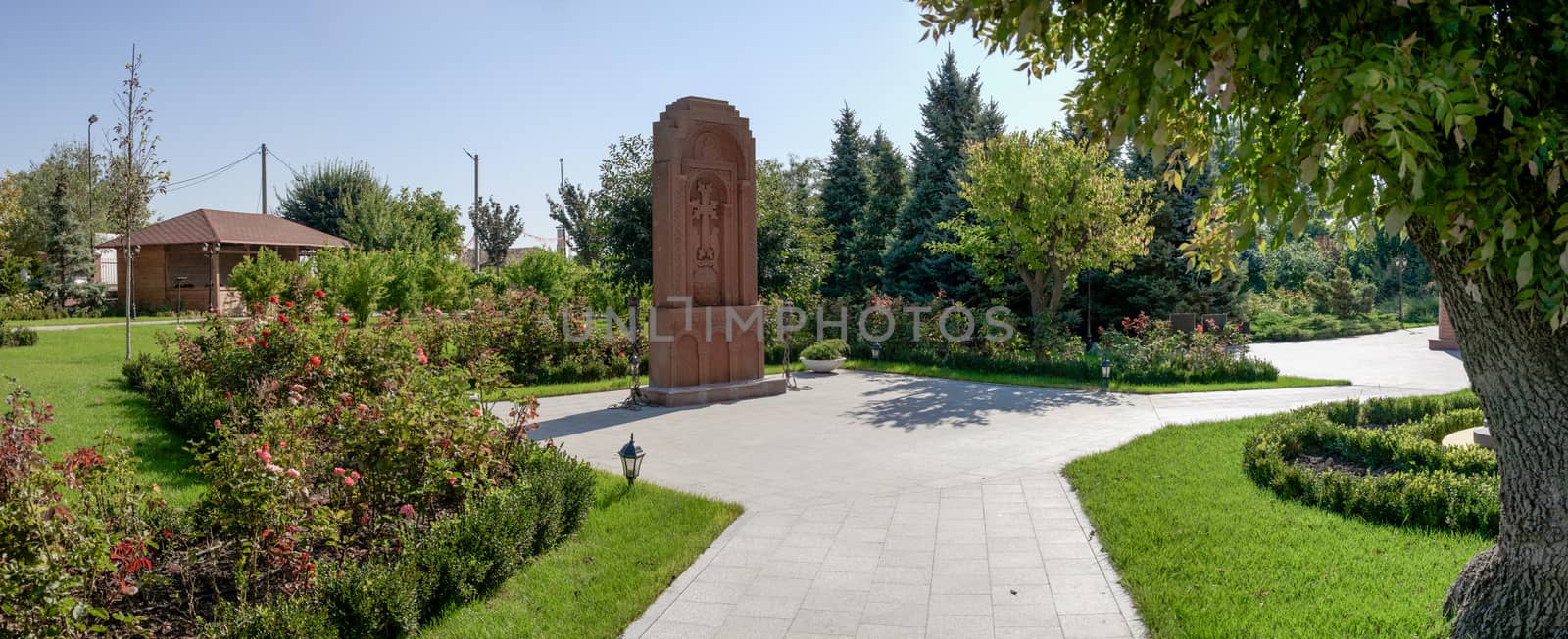 Odessa, Ukraine - 09.23.2019. Square of memory around the Armenian Apostolic Church is the national church of the Armenian people. Part of Oriental Orthodoxy, it is one of the most ancient Christian communities.