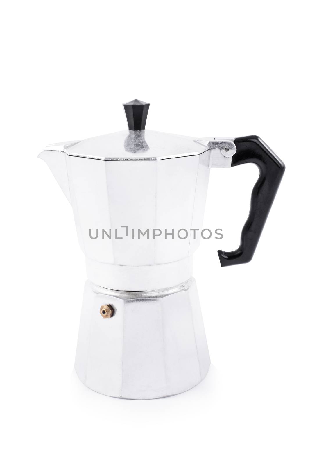 Side view of a metallic moka maker, isolated on white background.