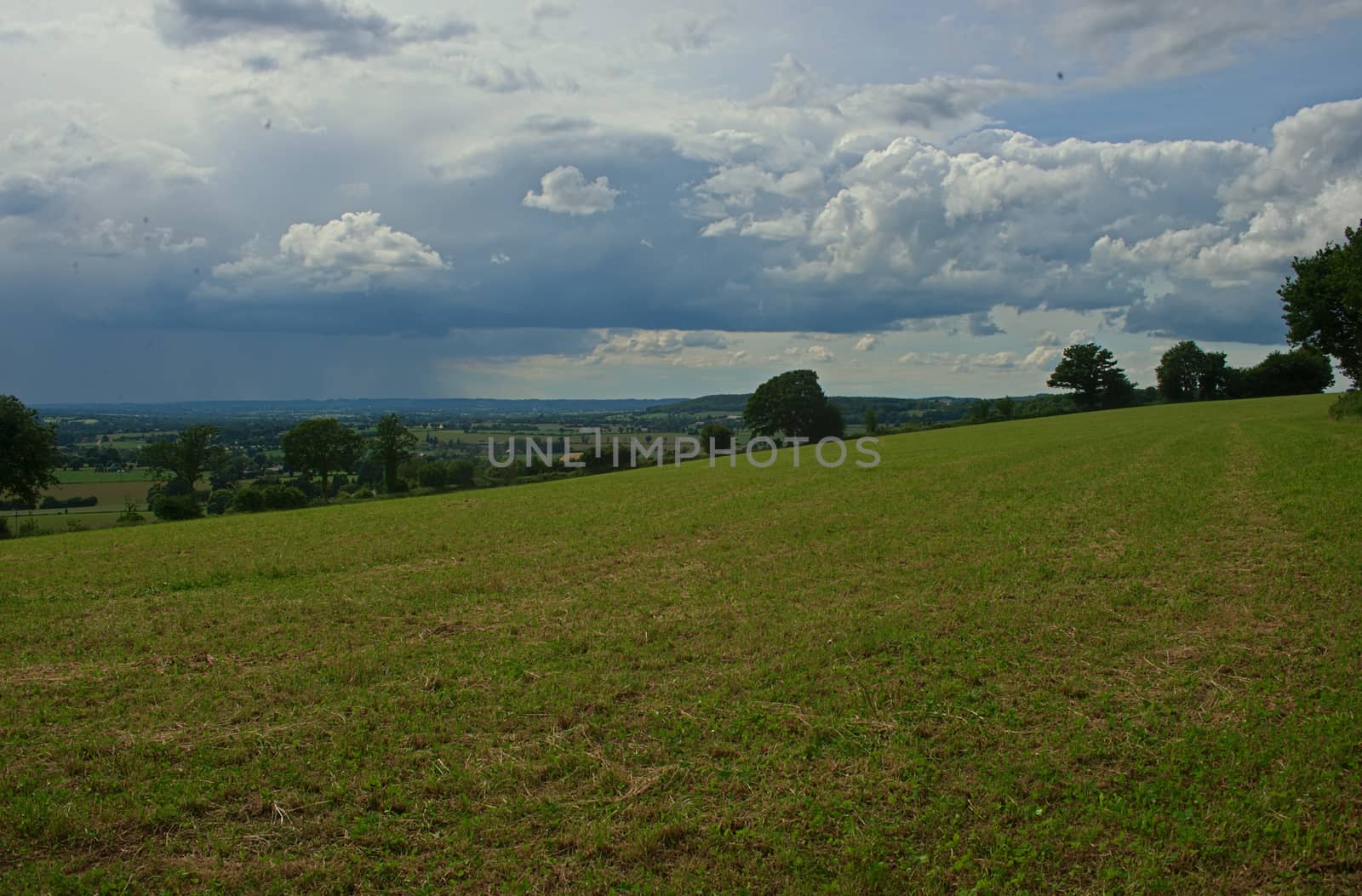 View from the hill on tranquil landscape in rural Normandy