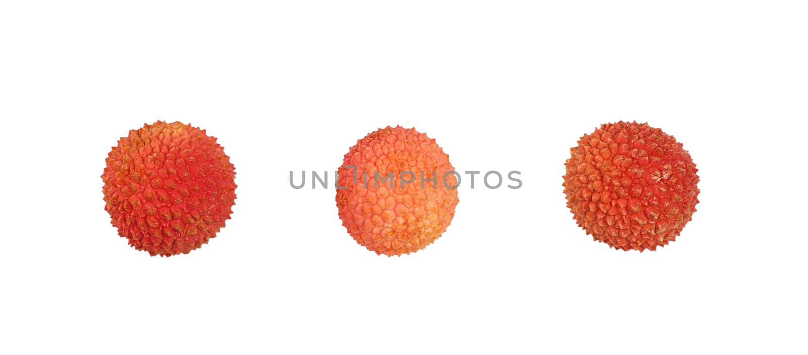 Three fresh red ripe lychee (Litchi chinensis) tropical fruits isolated on white background, detail close up, elevated, top view, directly above