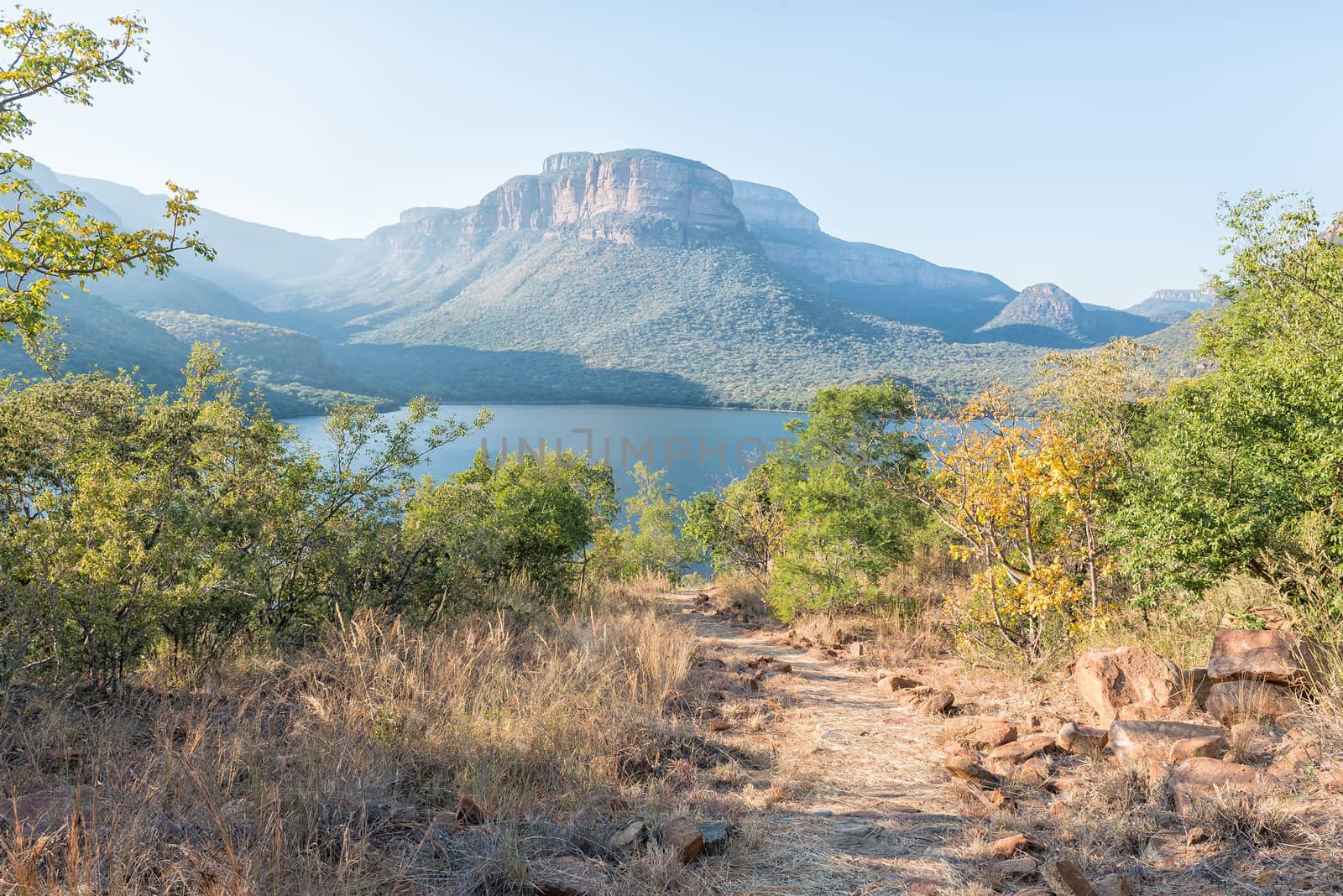 The peninsula hiking trail in the Blyde River Canyon. The Blyderivierspoort Dam is visible