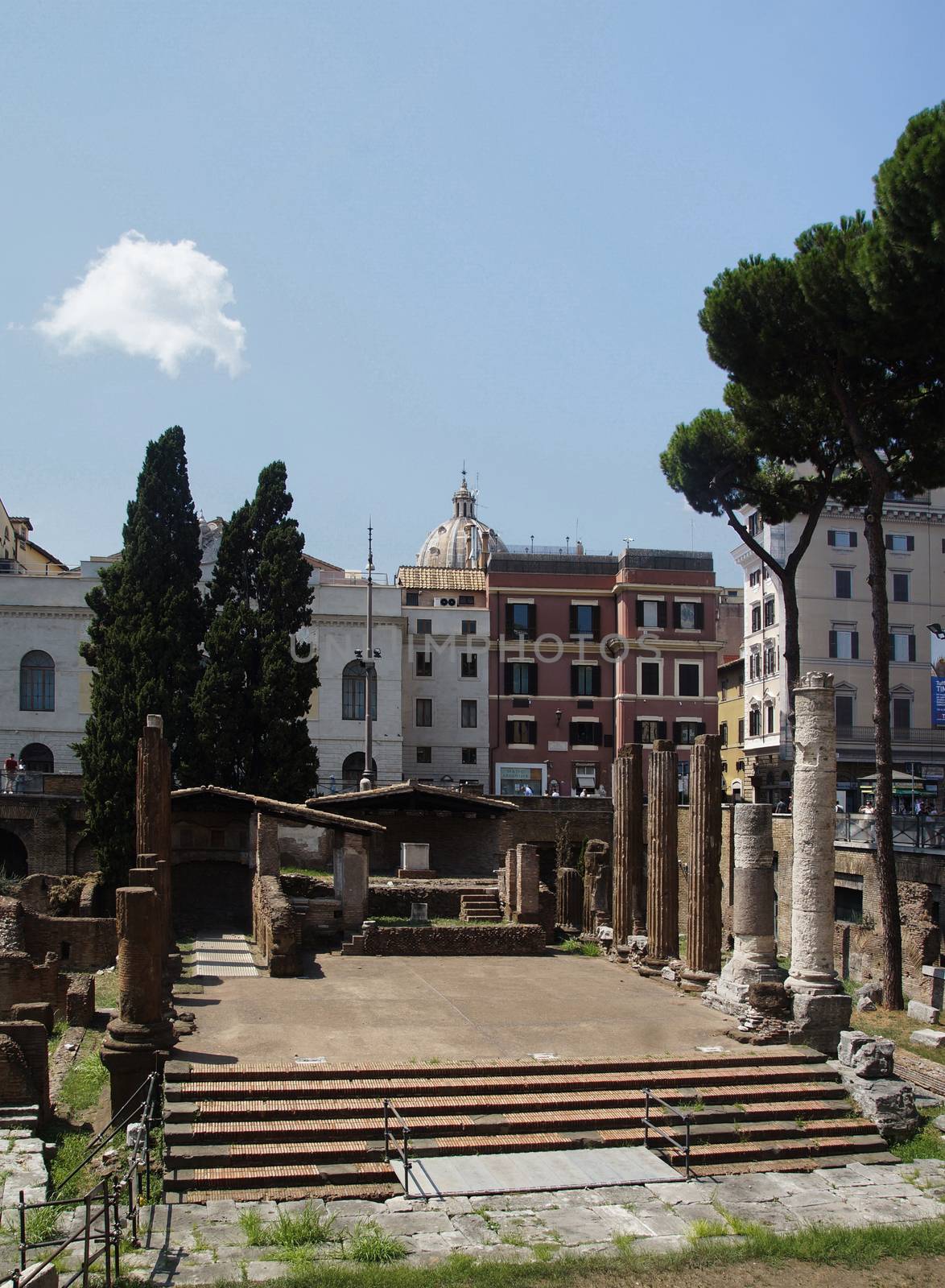 Photo of Archaeological site close to where Julius Caesar was killed. Placed among modern apartment buildings at Largo di Torre Argentina street, Rome, Italy