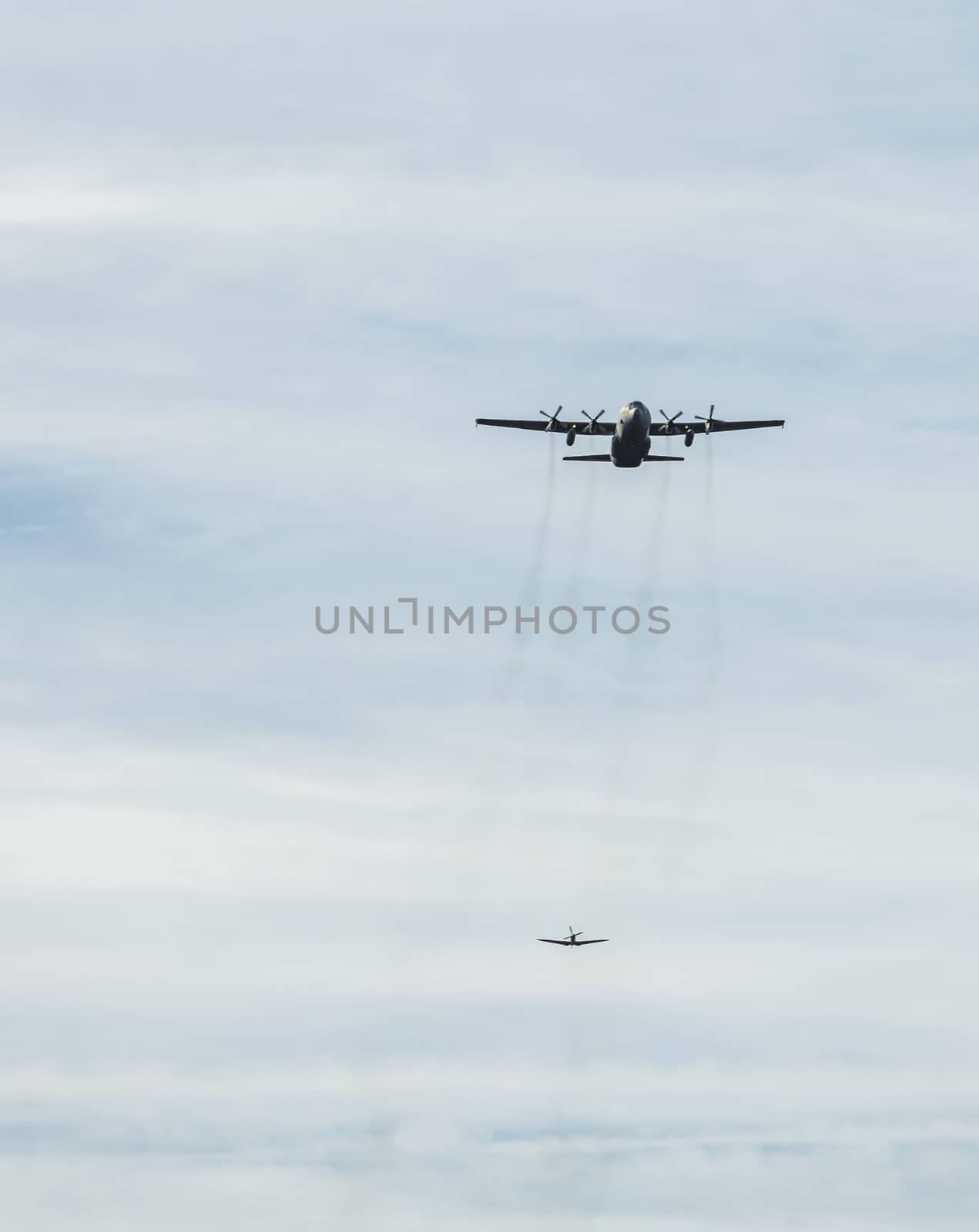 Ede,20-sep-2019:the dakota and hercules planes are approaching the heathland for dropping the paratroopers on the occasion of operation airborn, commemoration of market garden