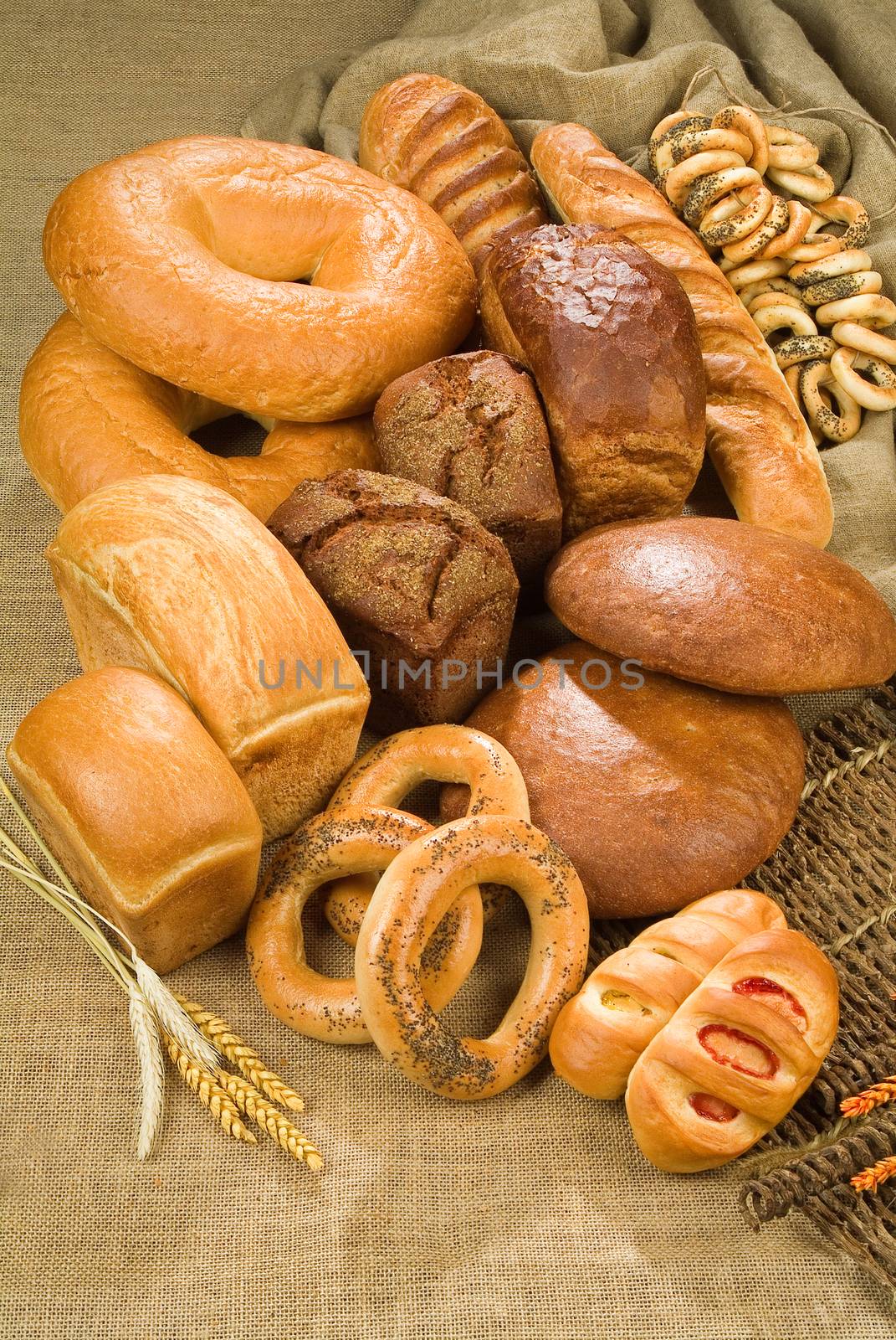 Different kinds of bread on a studio background