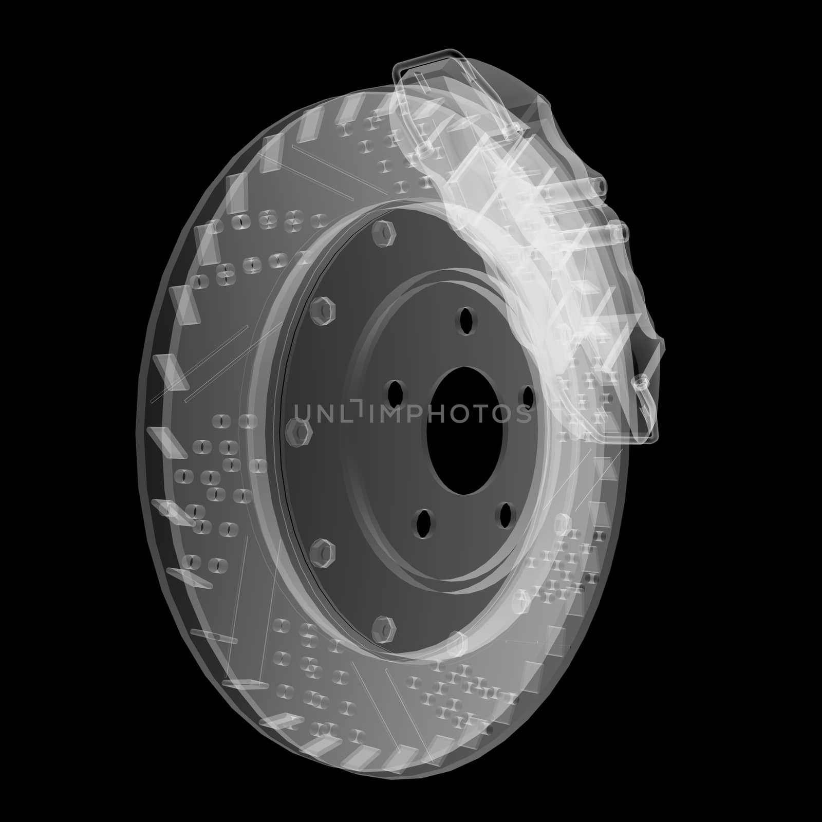 Brake disc and pads X-Ray style. Isolated on black background. 3D illustration