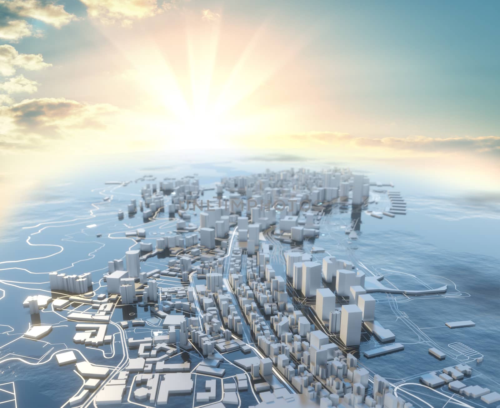 3D illustration. Futuristic City in sunny day by cherezoff