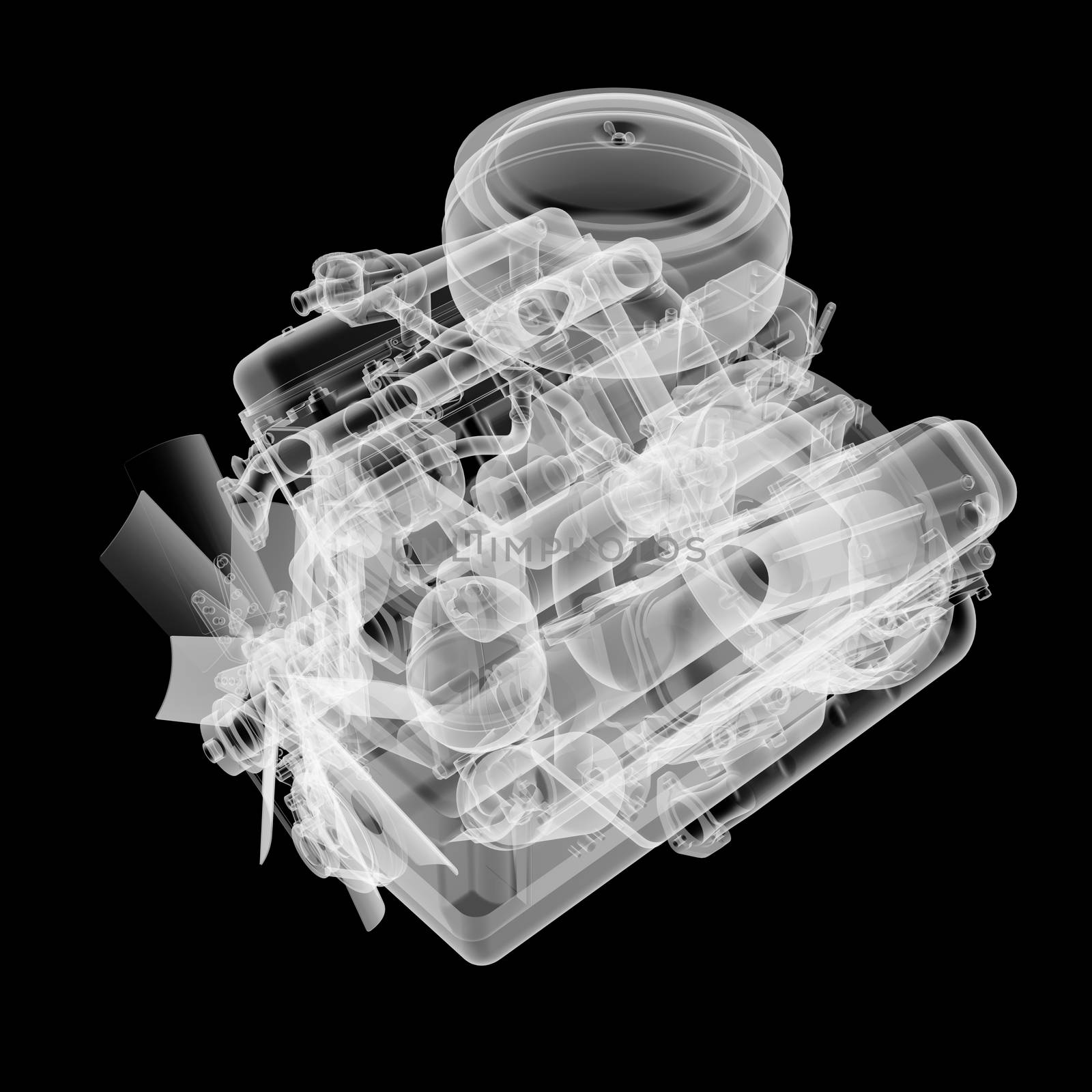 Internal combustion engine X-Ray style. Isolated on black background. 3D illustration