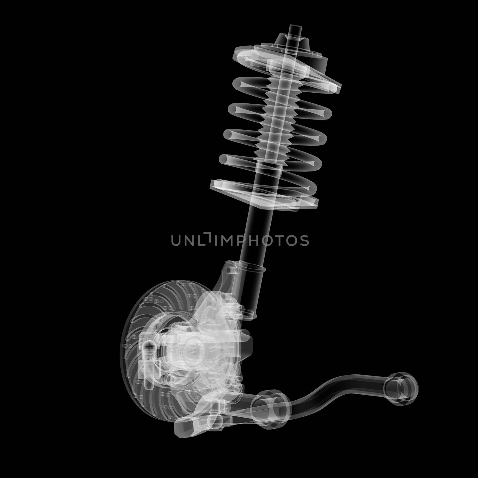 X-ray Car suspension and brake disk on black background, 3d illustration