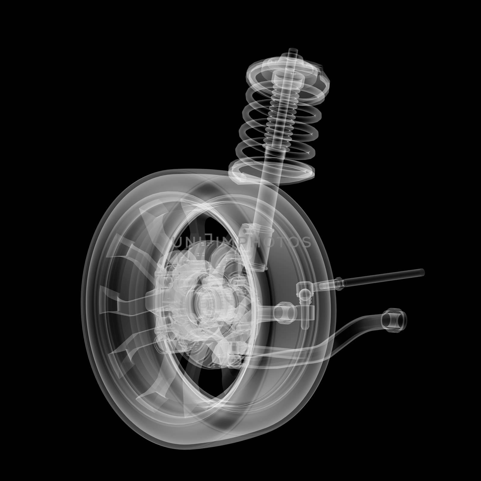 X-ray Car suspension and brake disk on black background, 3d illustration