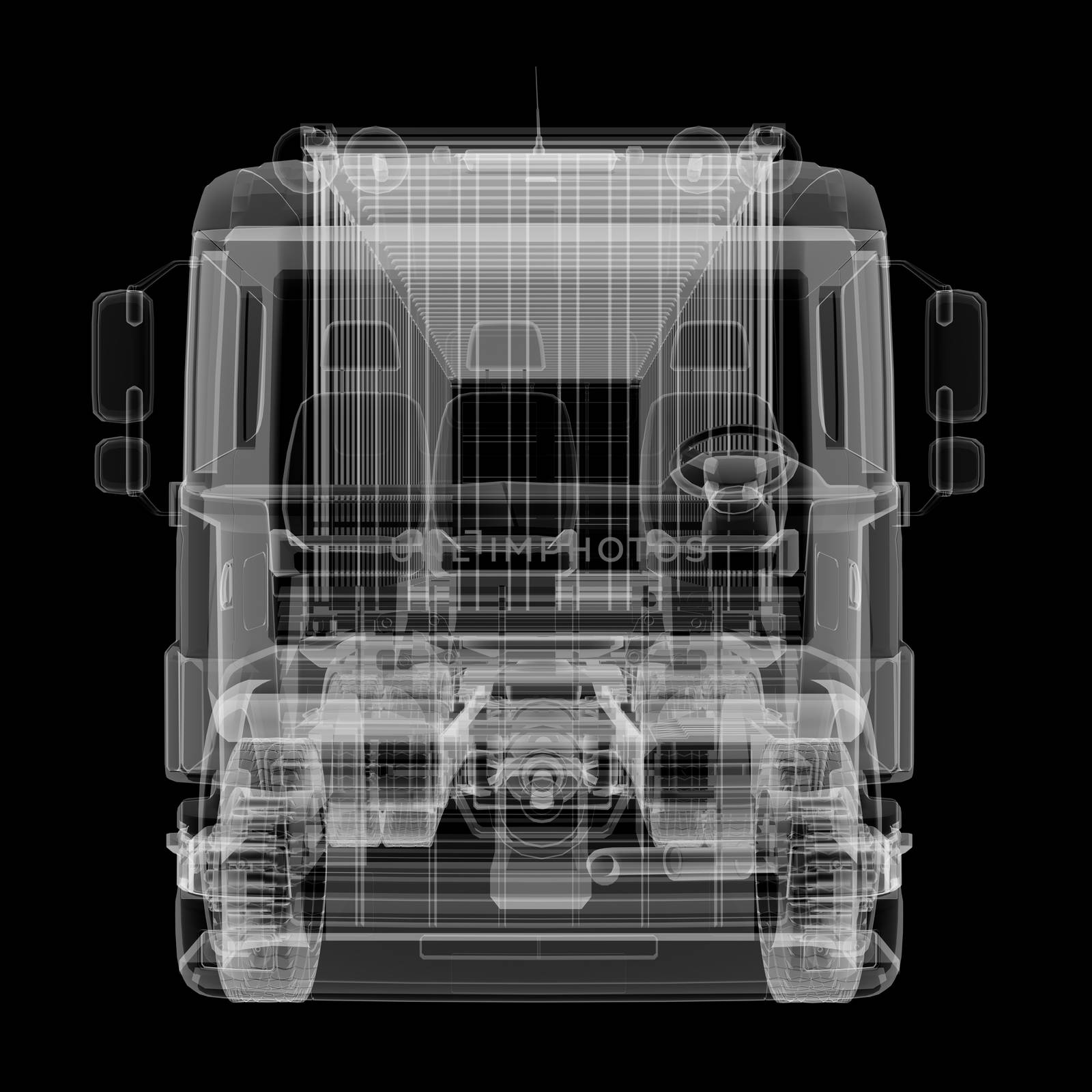 X-ray of heavy truck with semi-trailer on black background. 3D illustration