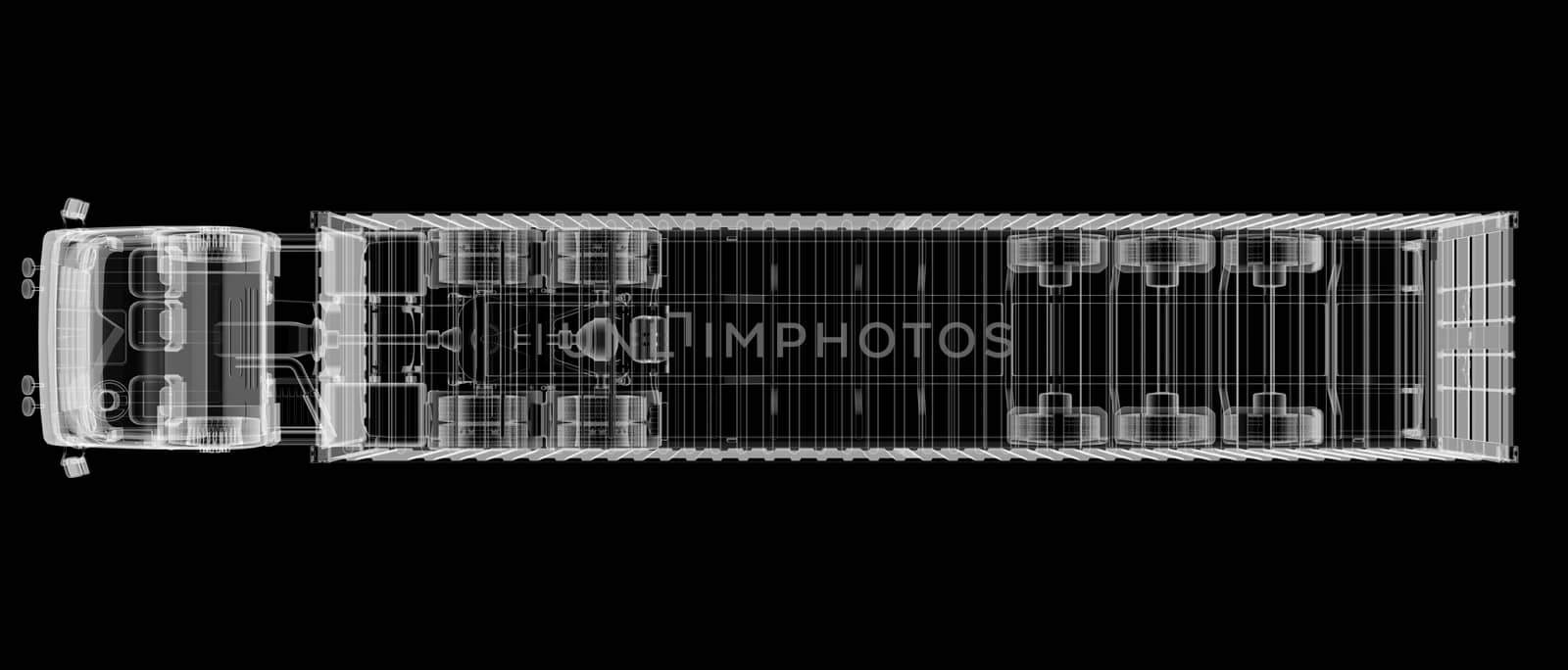 X-ray of heavy truck with semi-trailer on black background. 3D illustration