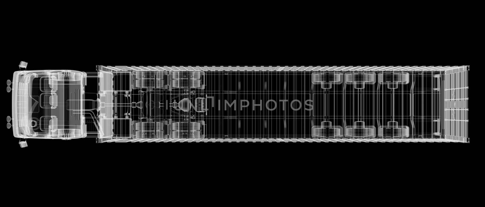 X-ray of heavy truck with semi-trailer on black background. 3D illustration