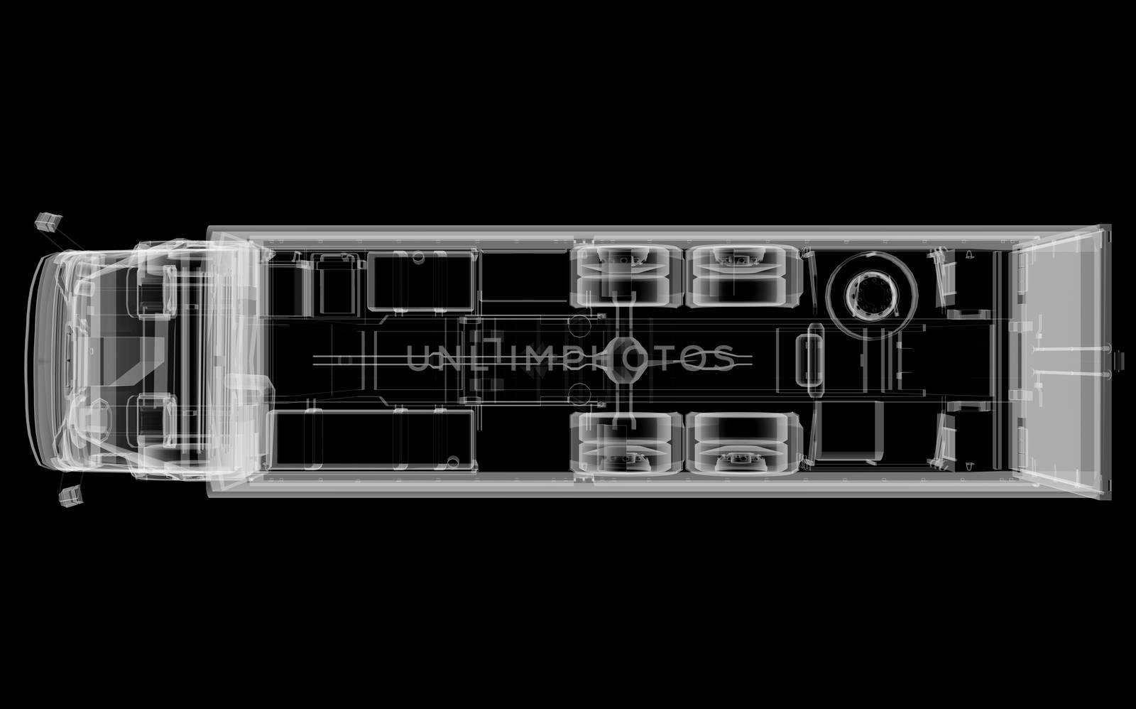 Truck x-ray on black background. 3D illustration