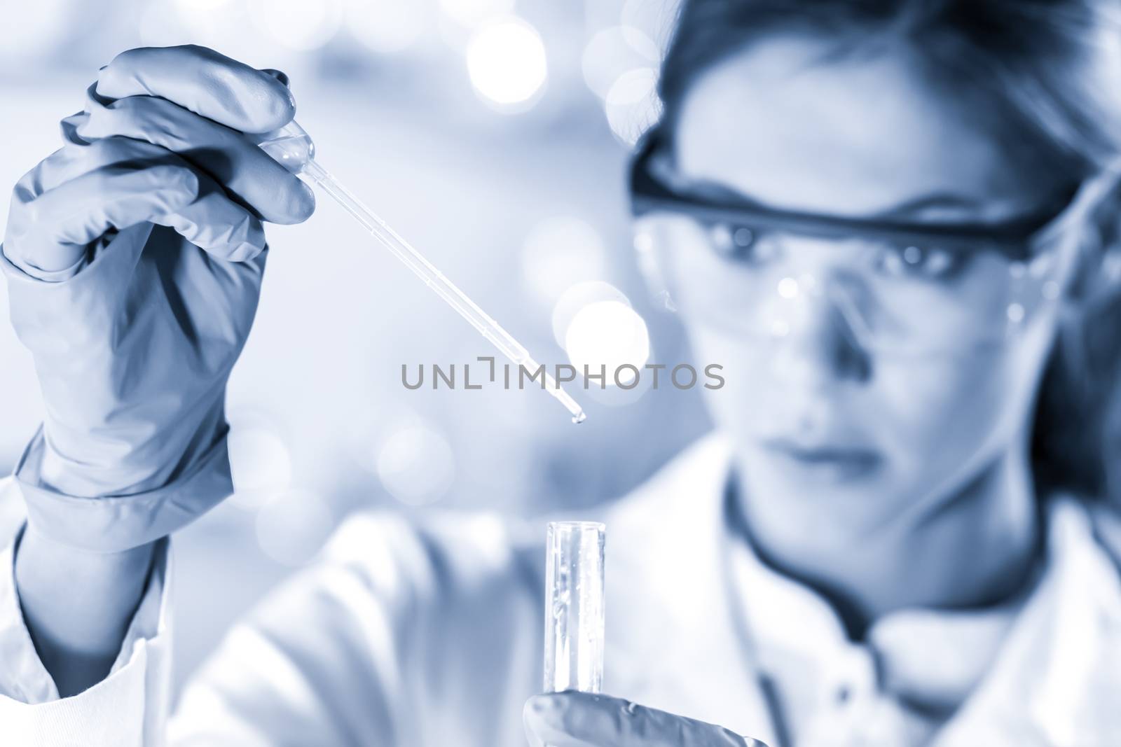 Life scientists researching in laboratory. Focused female life science professional pipetting solution into the glass cuvette. Healthcare and biotechnology concept. Blue toned image.