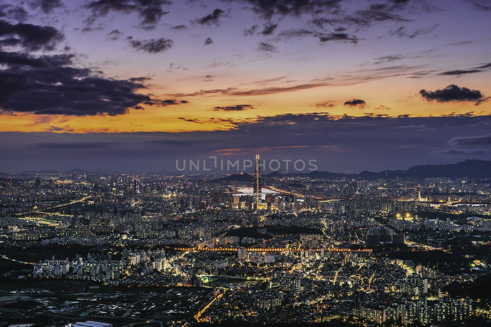 View of downtown cityscape and Seoul tower in Seoul, South Korea.;