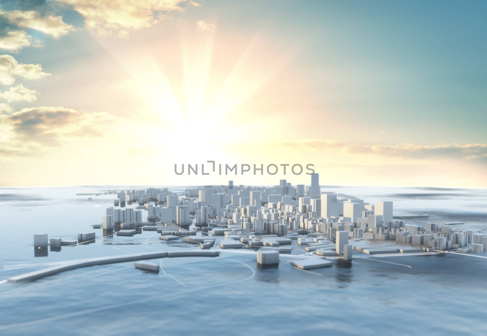 3D illustration. Futuristic City in sunny day by cherezoff