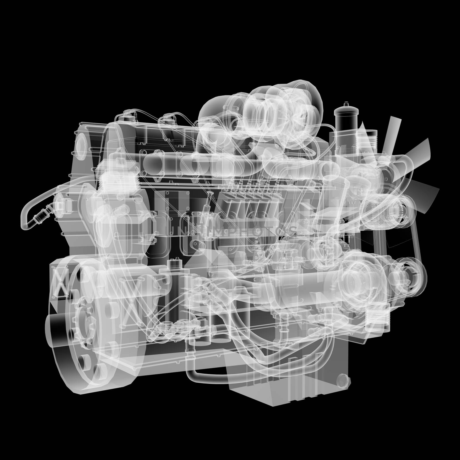 Internal combustion engine X-Ray style. Isolated on black background. 3D illustration