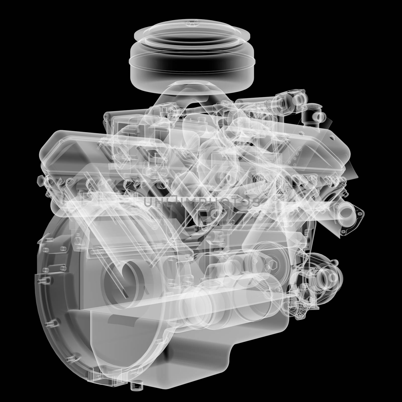 Internal combustion engine X-Ray style. Isolated on black background. 3D illustration