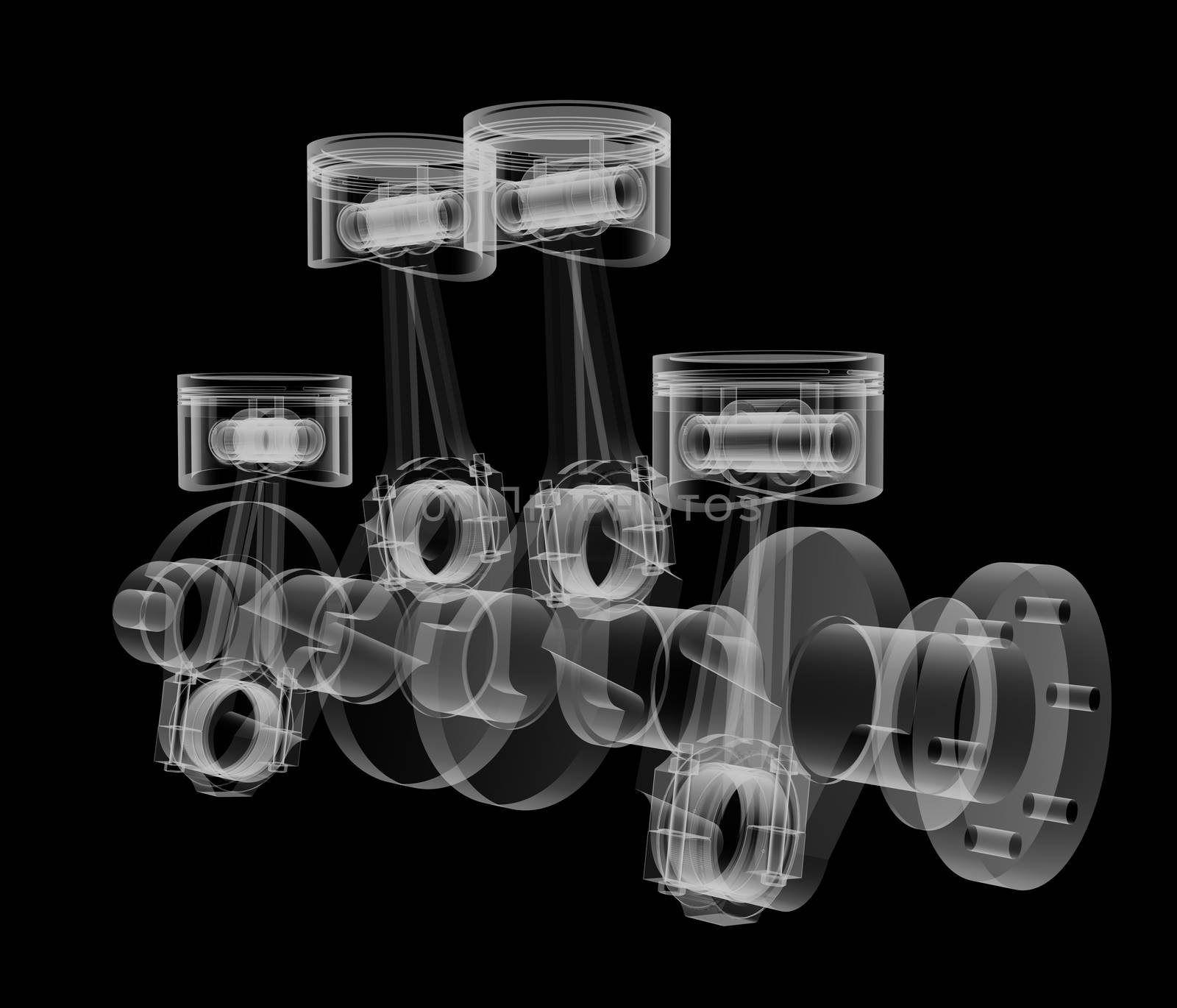 Pistons and crankshaft X-Ray style. Isolated on black background. 3D illustration