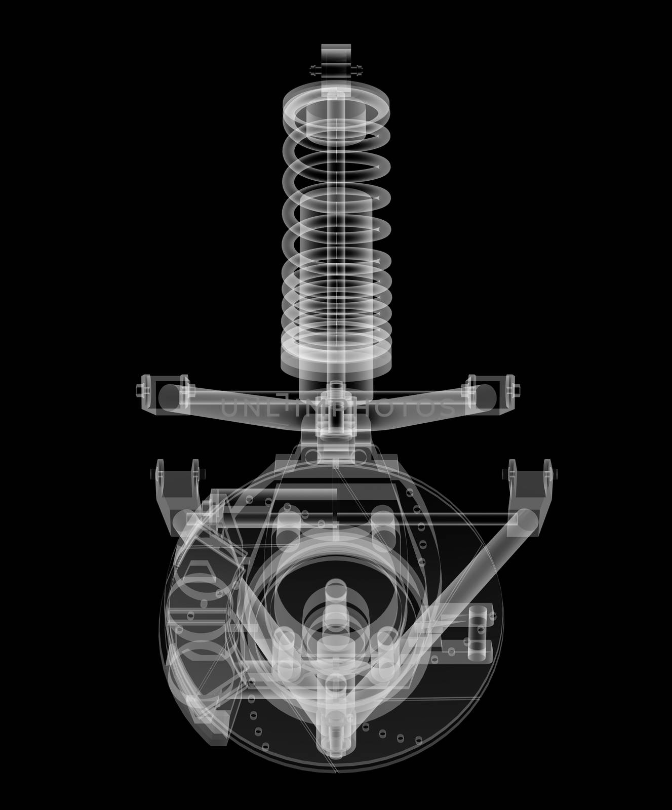 X-ray Car suspension and brake disk on black background, 3d illustration