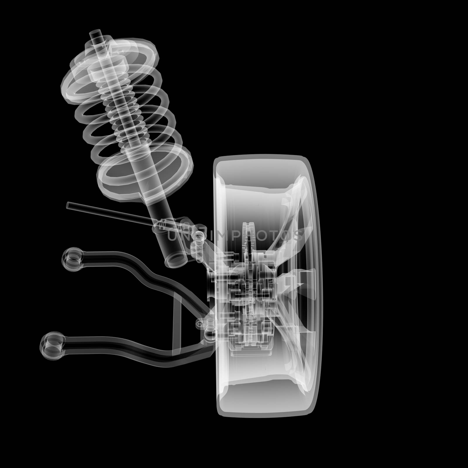 X-ray Car suspension and brake disk on black background, 3d illustration