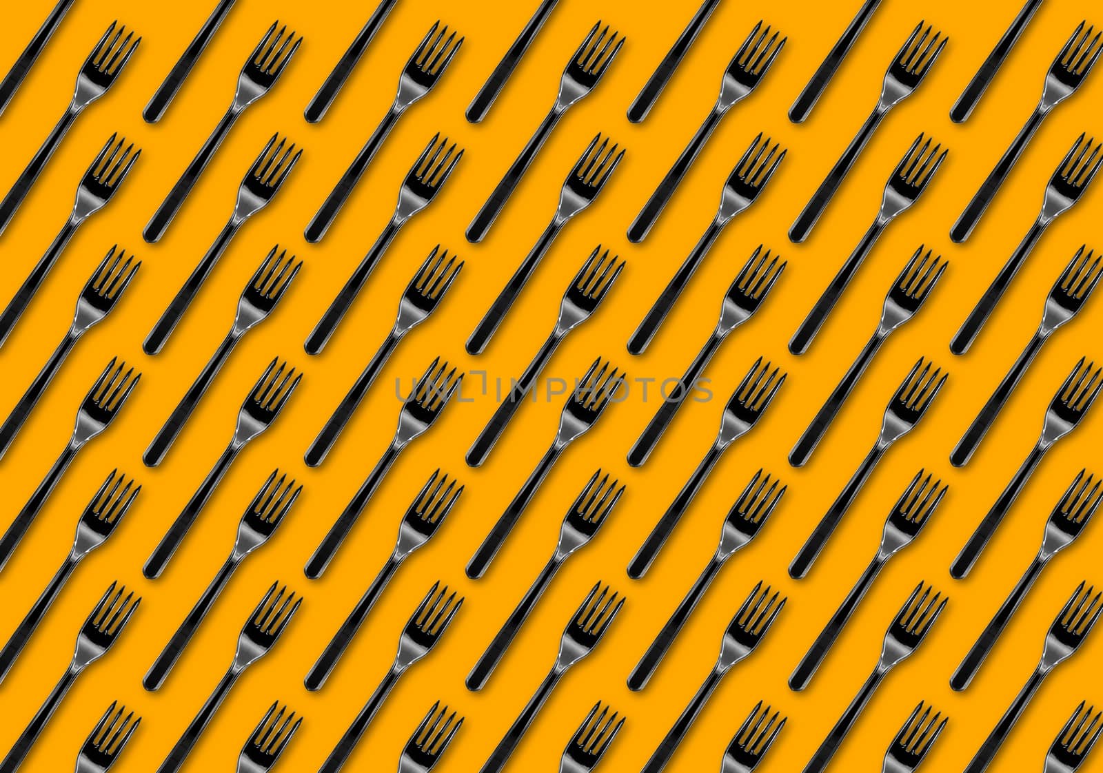 Many black plastic forks on yellow background, top view. Disposable table wear concept. Creative top view pattern.
