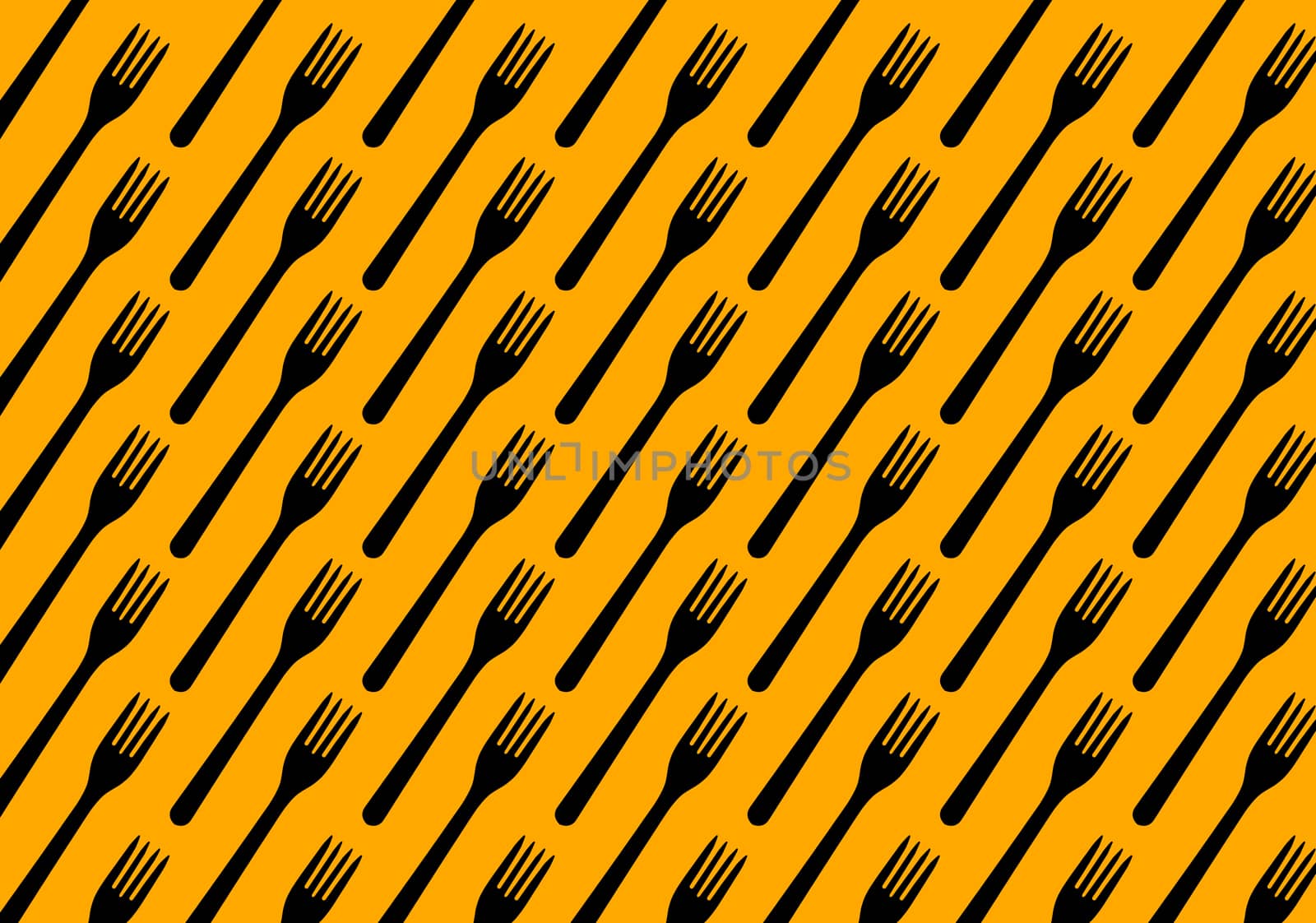 Many black plastic forks on yellow background, top view. Disposable table wear concept. Creative top view pattern.