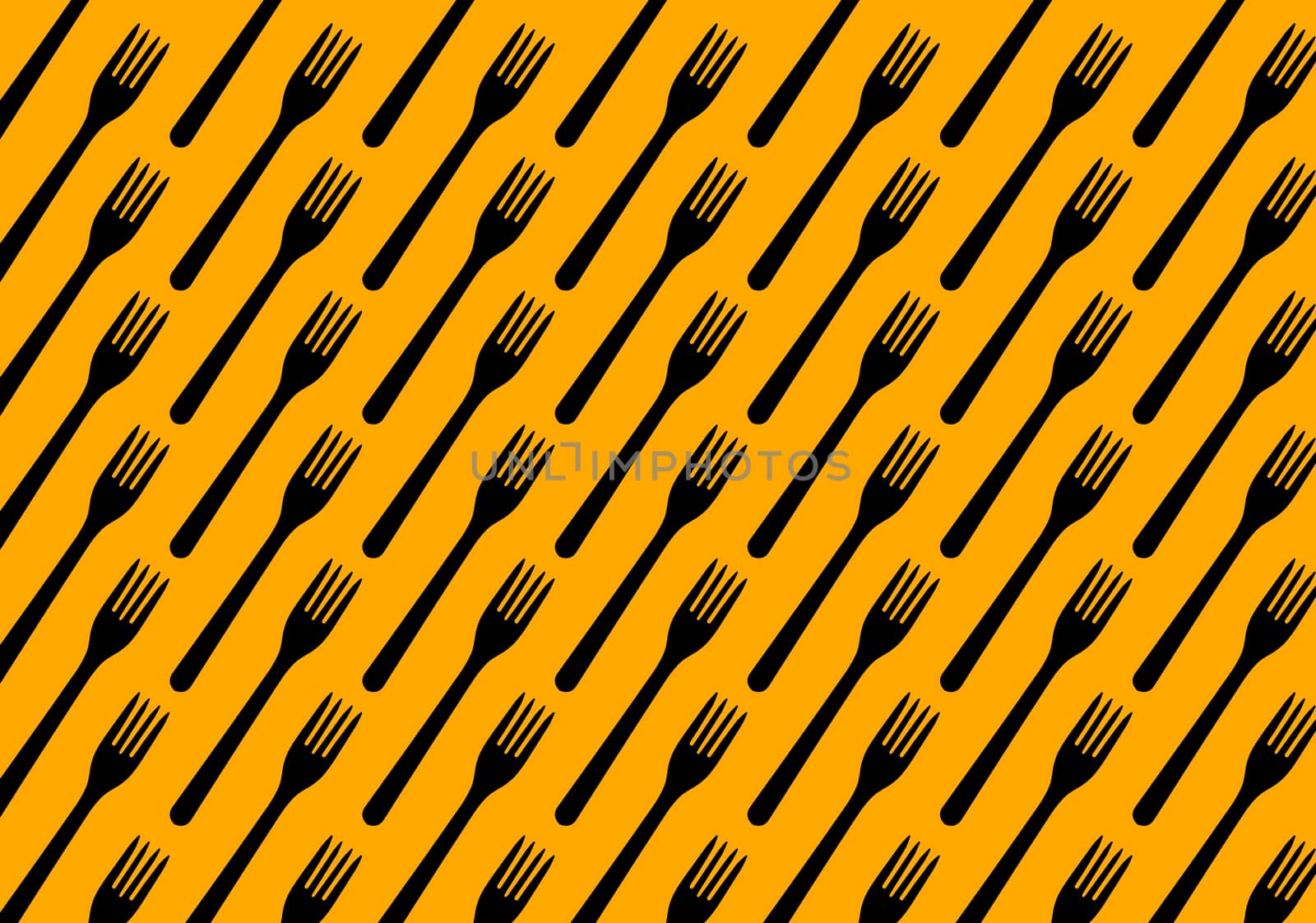 Many black plastic forks on yellow background, top view. Disposable table wear concept. Creative top view pattern.