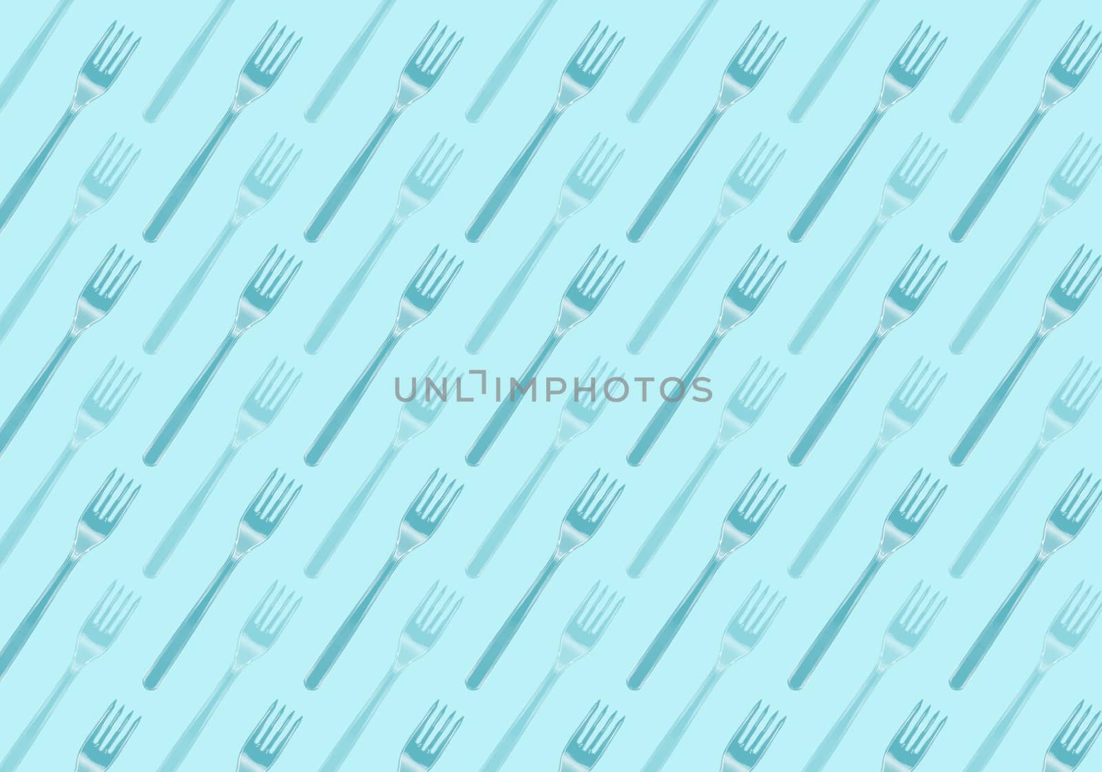 Many black plastic forks on blue background, top view. Disposable table wear concept. Creative top view pattern.