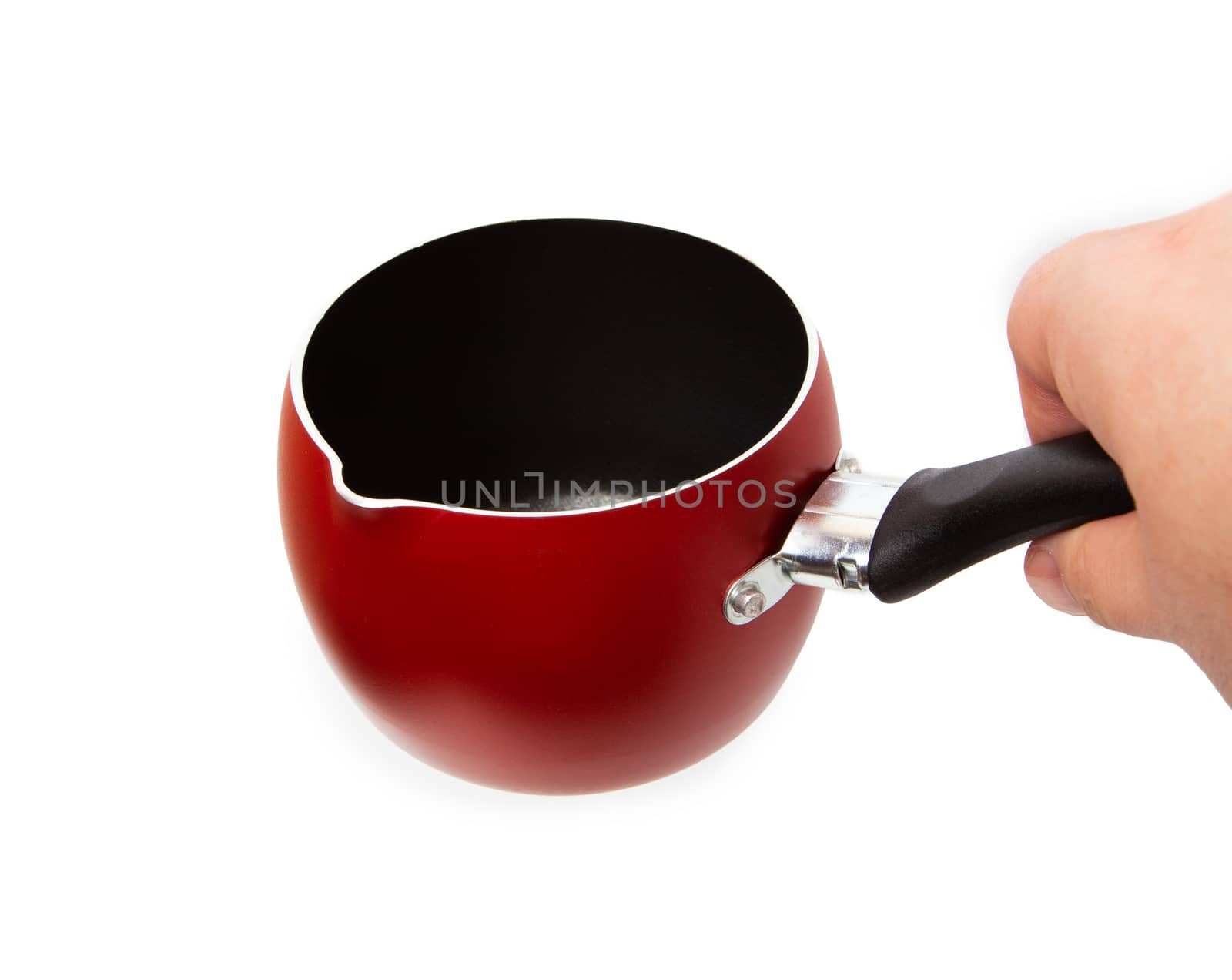 Men hand hold empty red stewpot. Close up isolated on white background. Kitchen utensils concept.