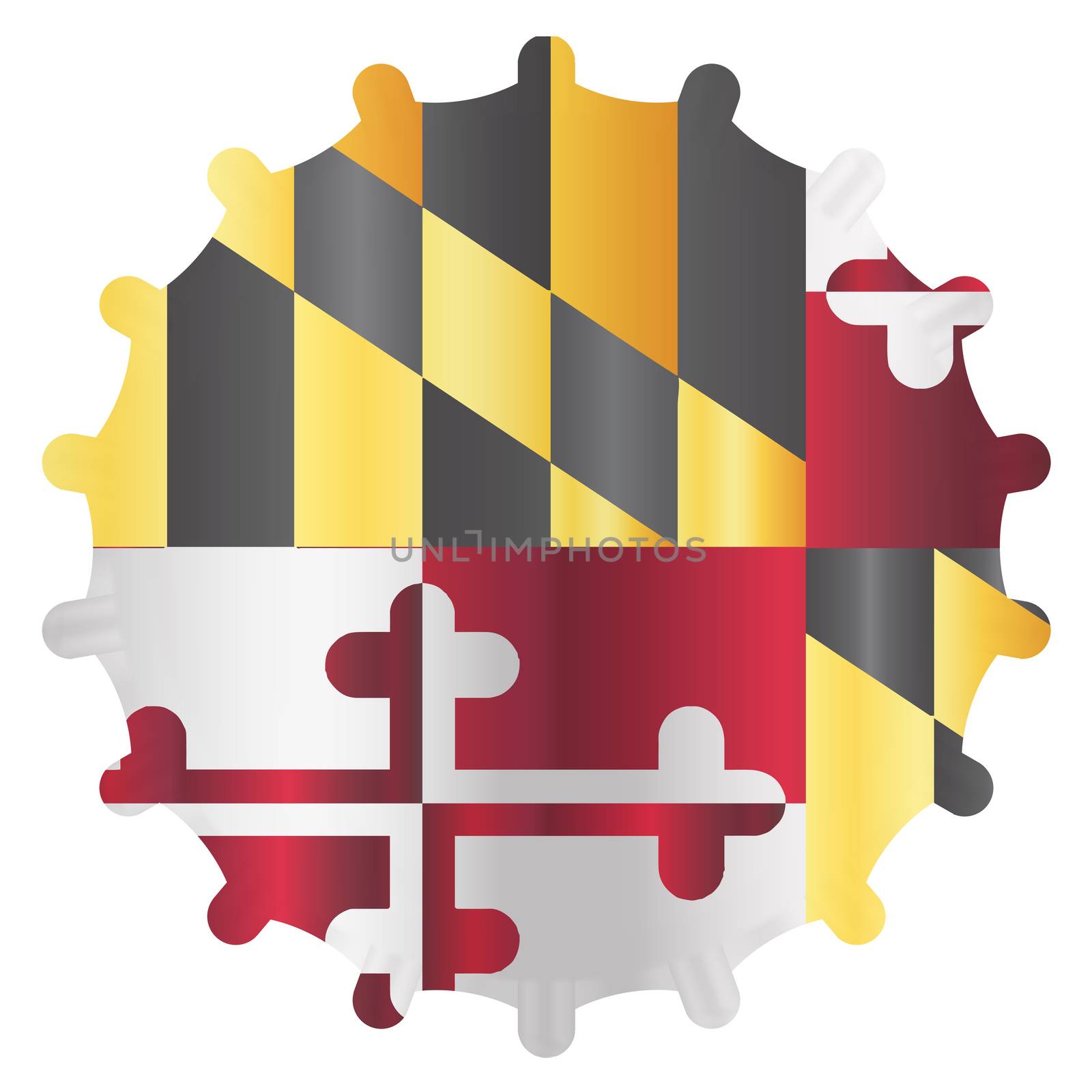 A typical metal glass bottle cap in Maryland state flag colors isolated on a white background