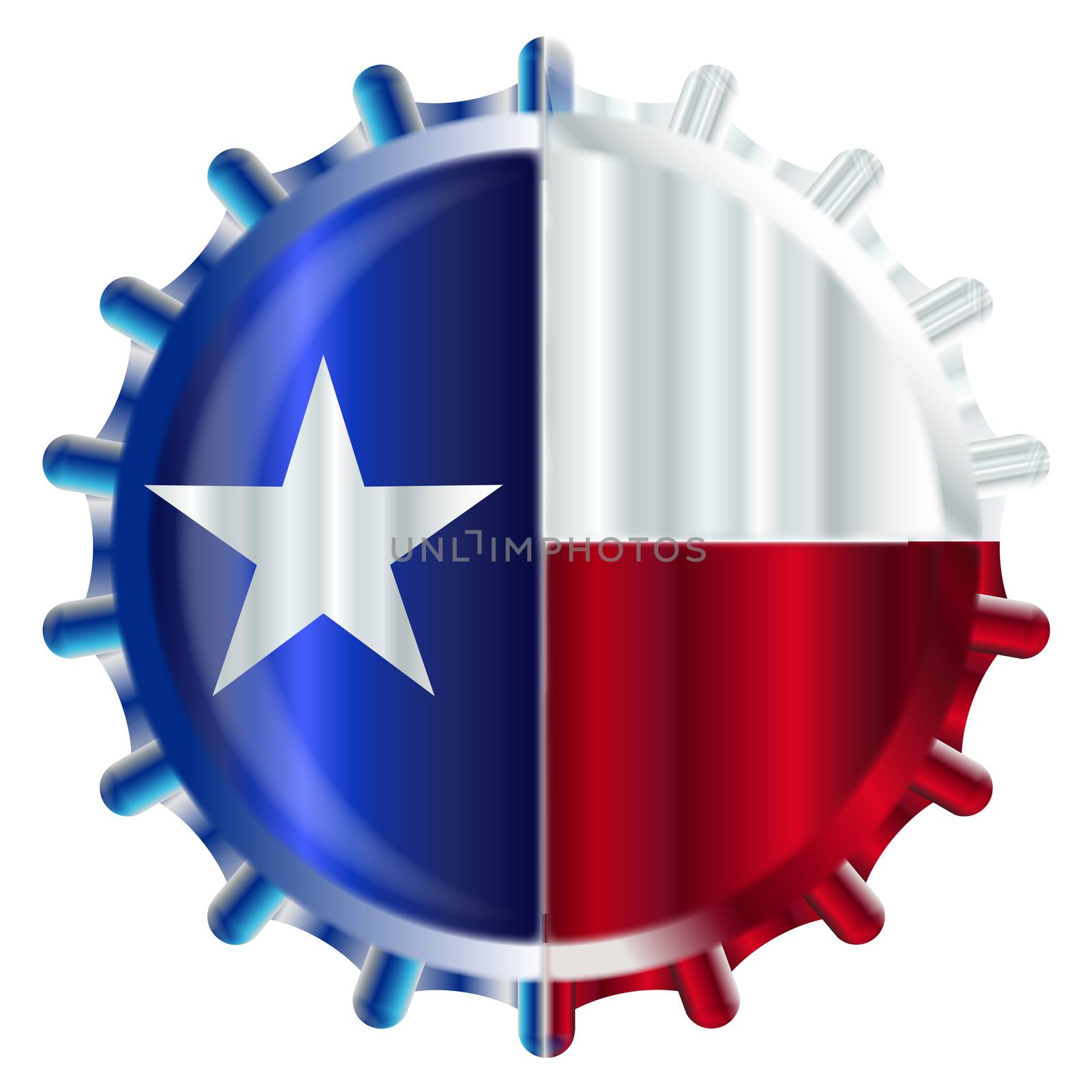 A typical metal glass bottle cap in Texan state flag colors isolated on a white background