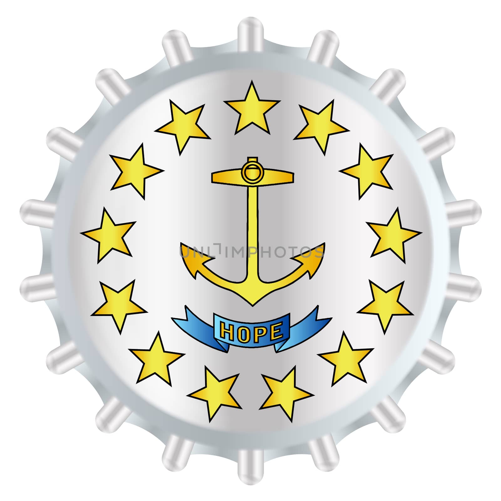 A typical metal glass bottle cap in Rhode Island state flag colors isolated on a white background