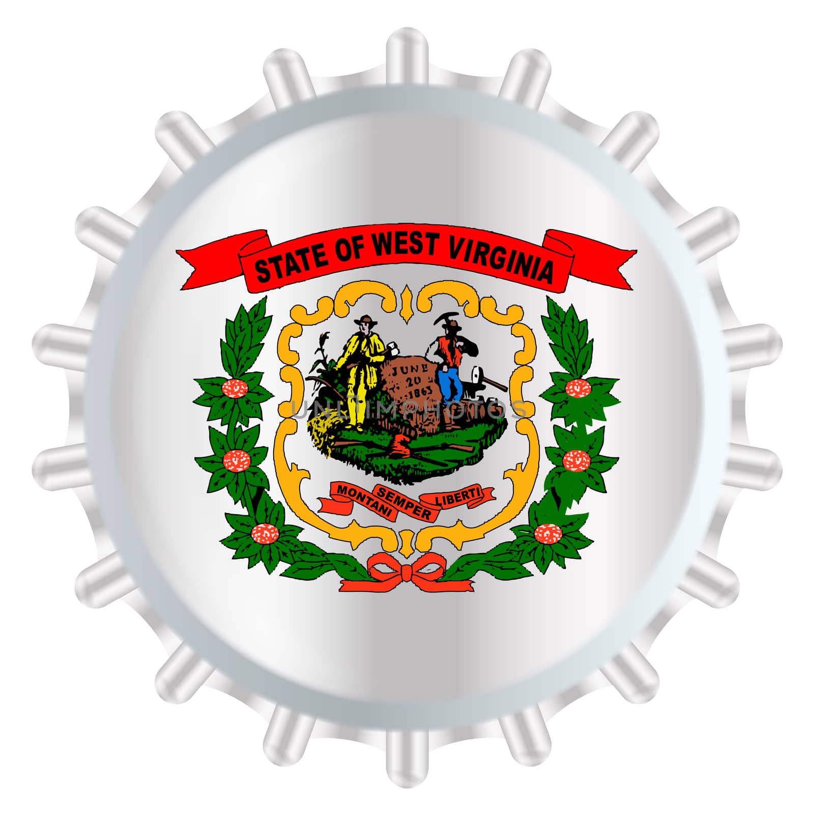 A typical metal glass bottle cap in West Virginia state flag colors isolated on a white background