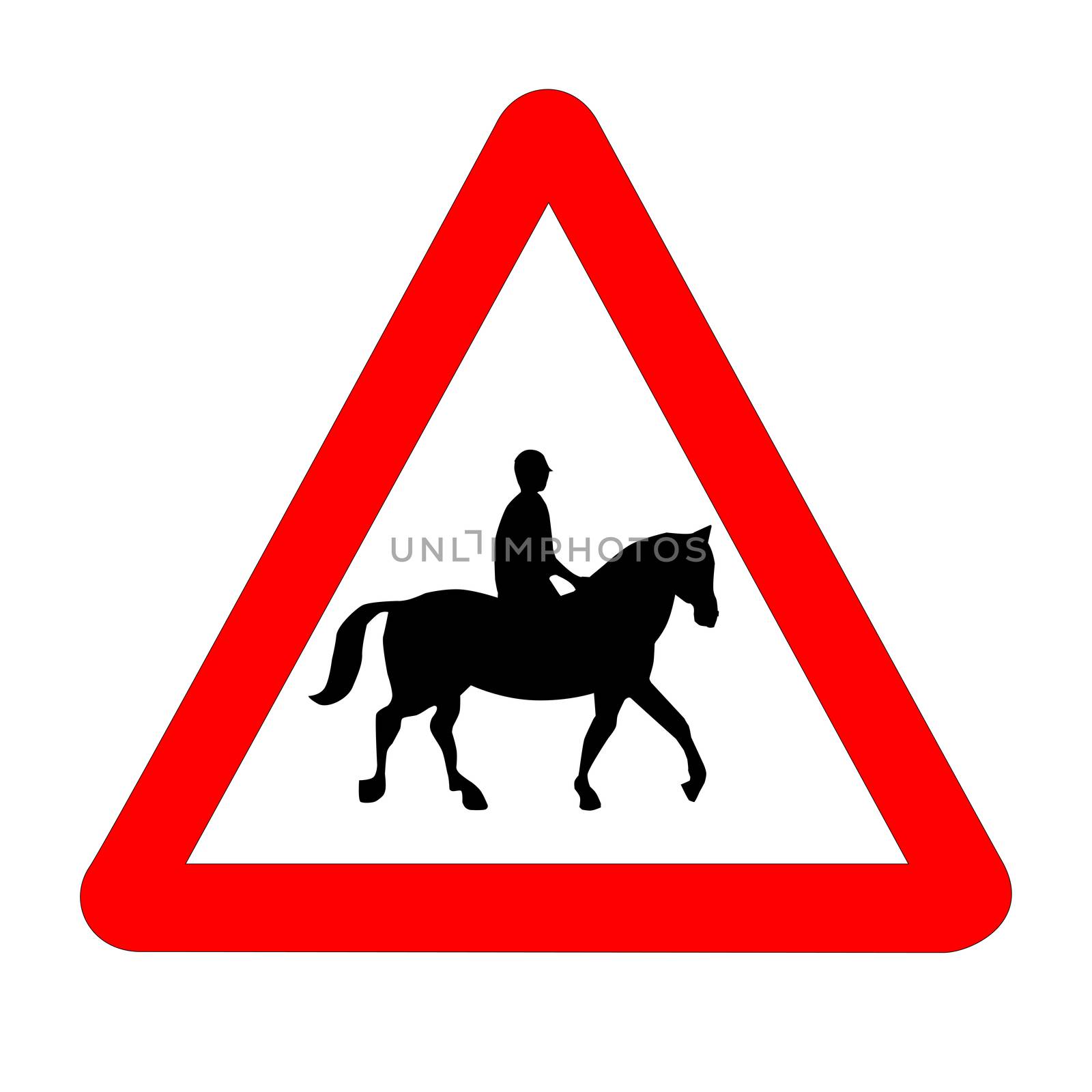 The traditional HORSE AND RIDER triangle, traffic sign isolated on a white background..