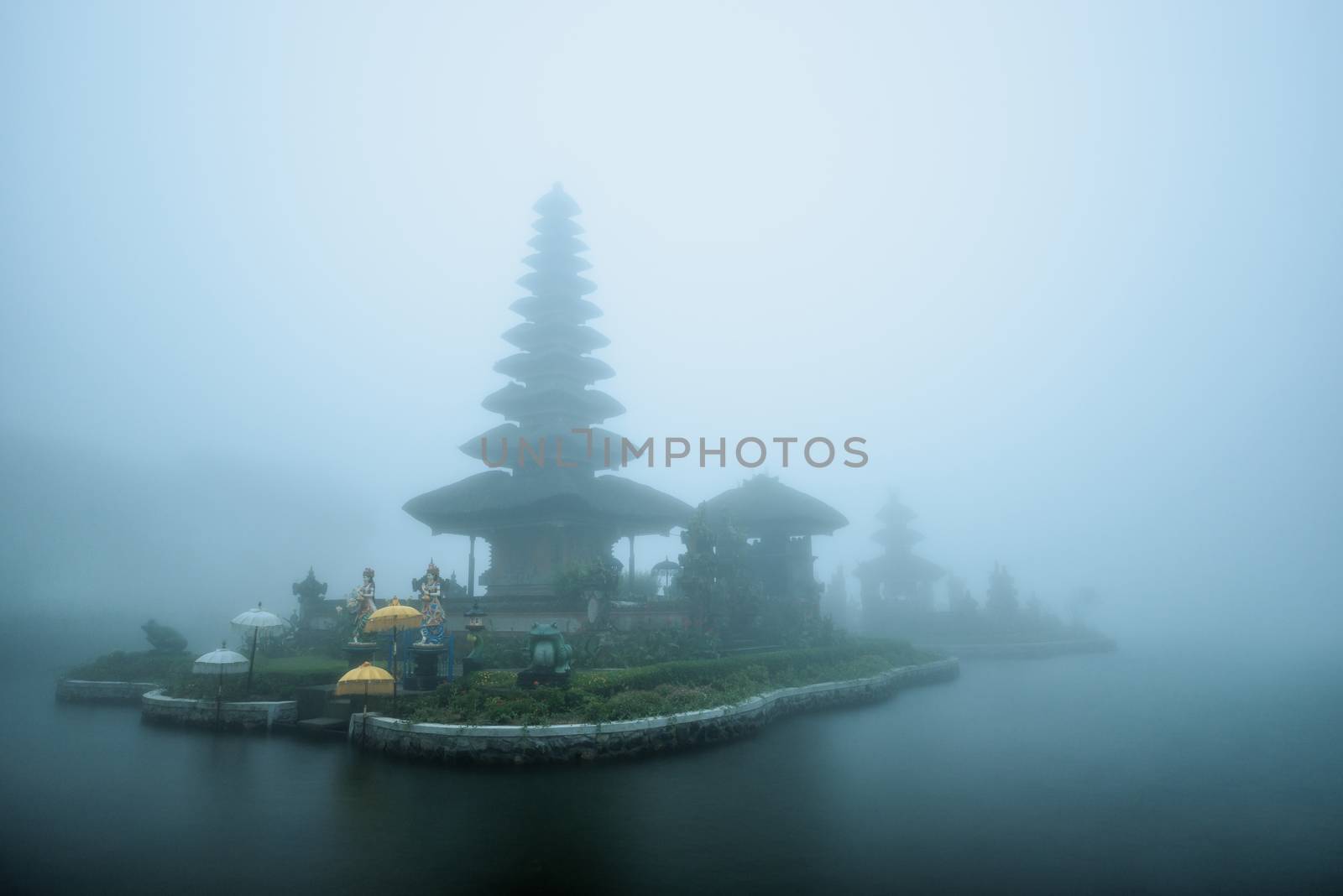 Foggy weather at Pura Ulun Danu Beratan temple in Bali, Indonesia.