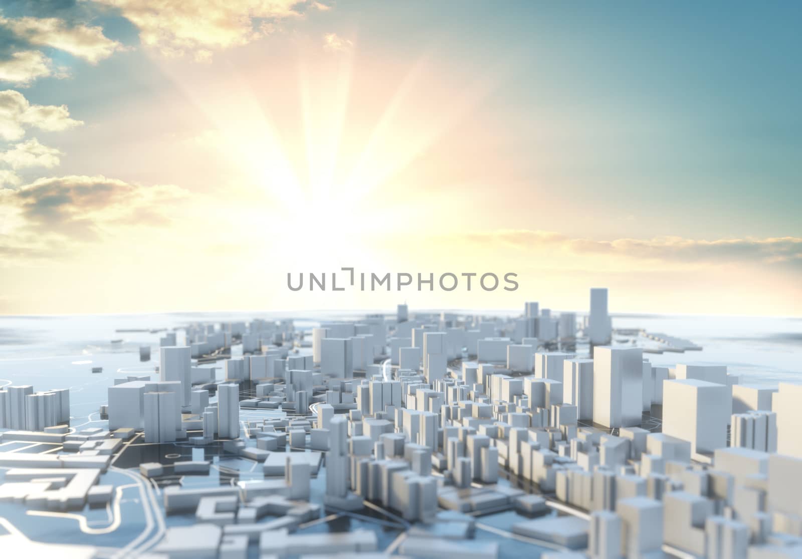 3D illustration. Futuristic City in sunny day by cherezoff