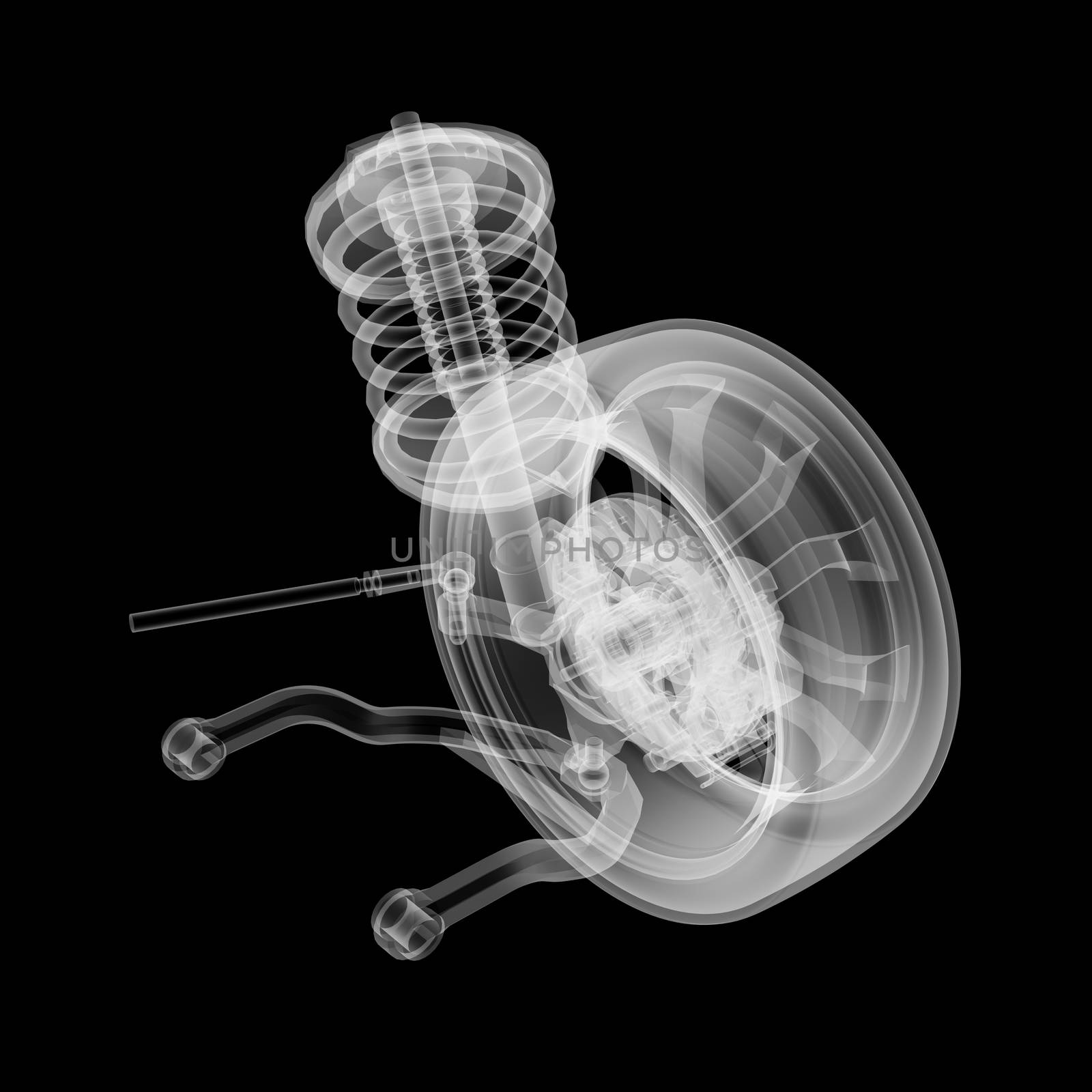 X-ray Car suspension and brake disk on black background, 3d illustration