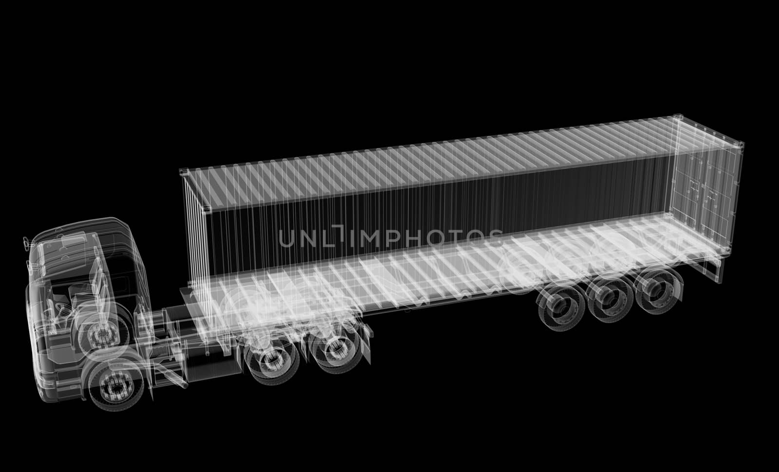 X-ray of heavy truck with semi-trailer on black background. 3D illustration