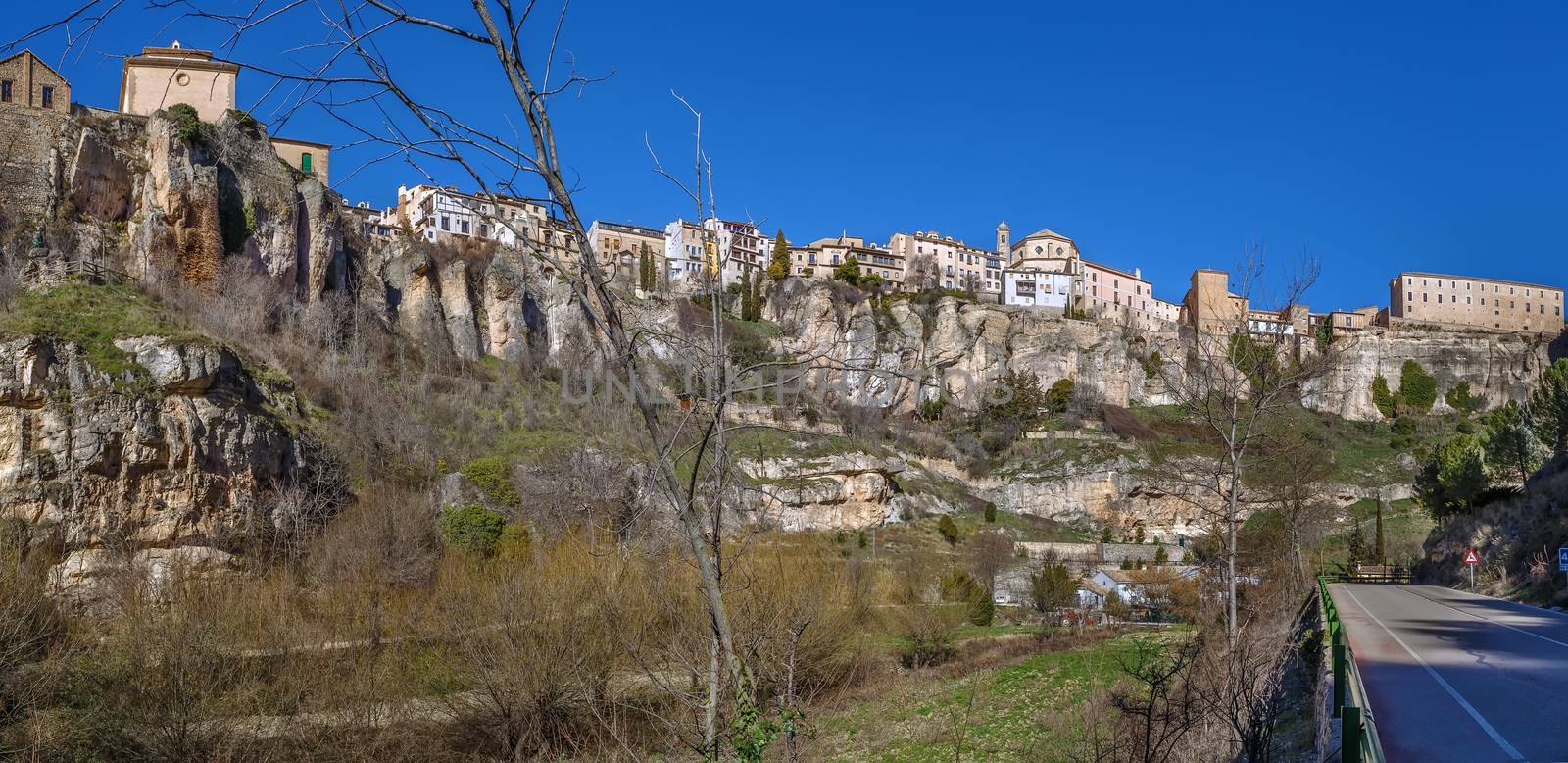 Panoramic view of Cuenca historical center on rocks from Huecar River canyon, Spain