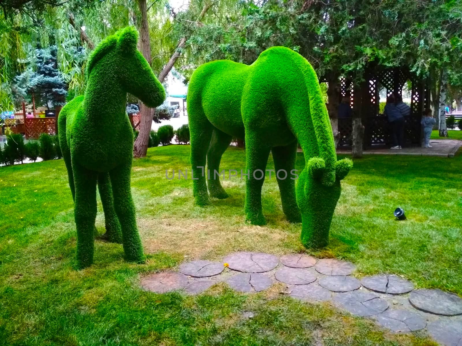 Sculpture of two horses from artificial grass on the background of trees. by Igor2006